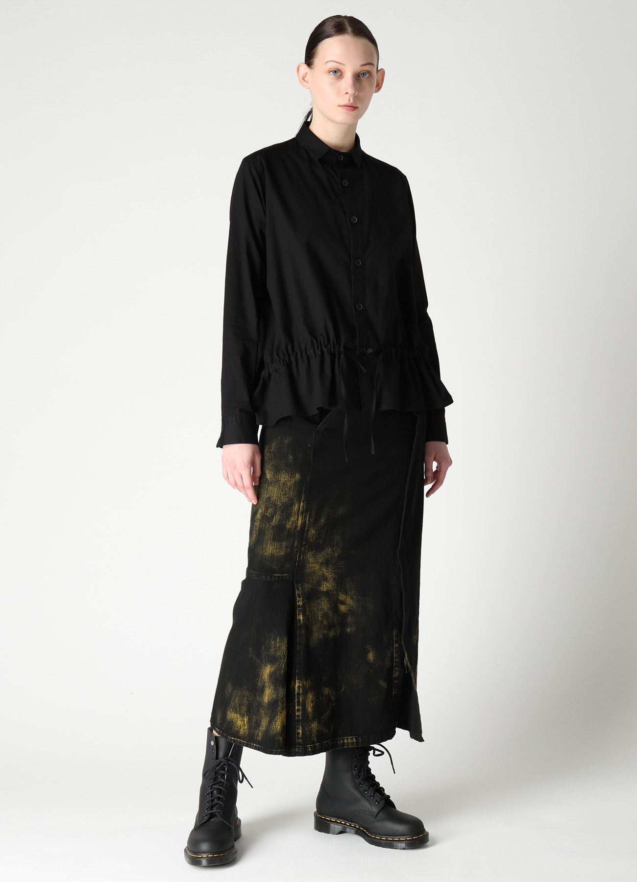 8OZ DENIM BLEACHED OVERDYE FLARE SKIRT