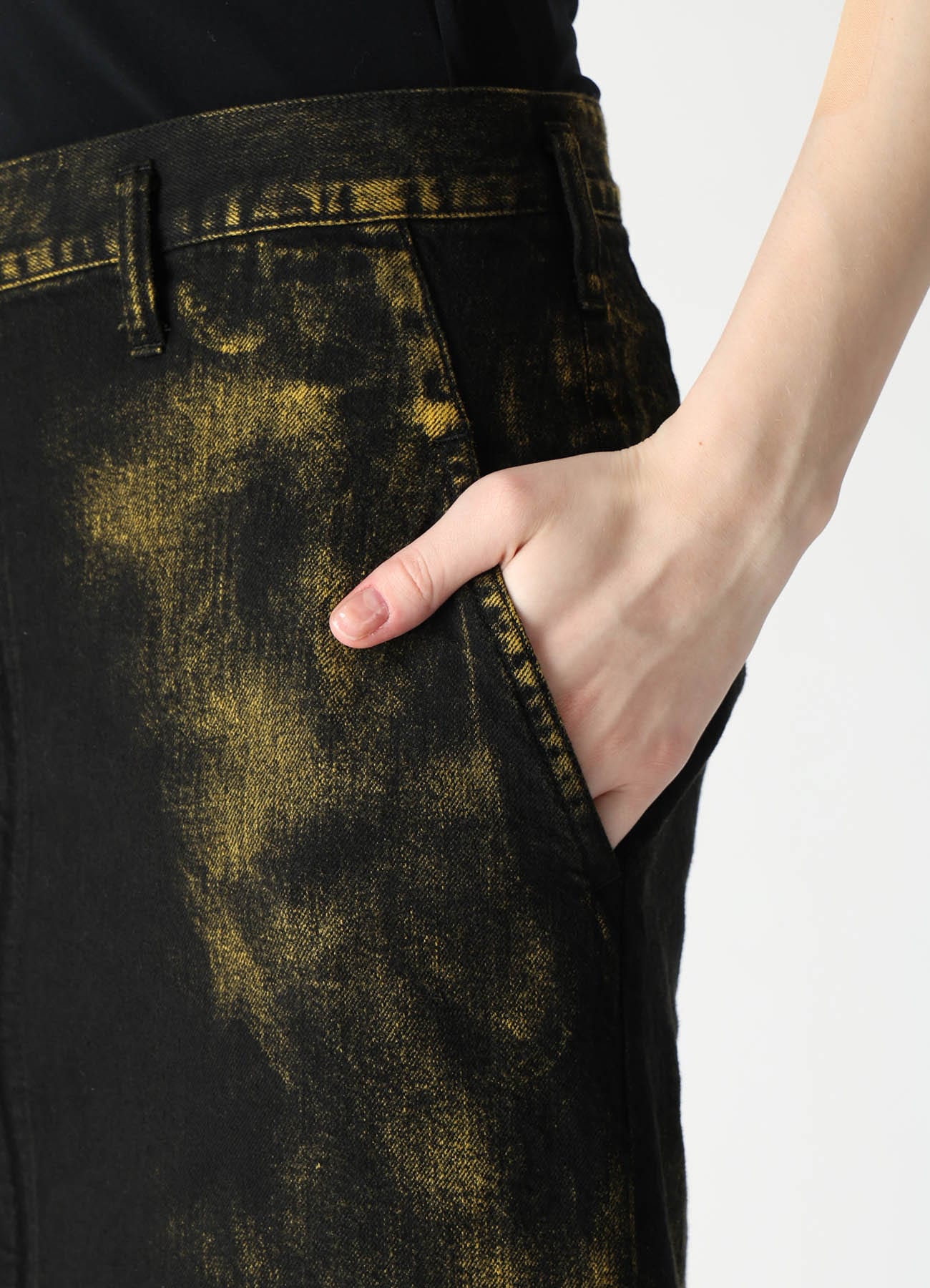 8OZ DENIM BLEACHED OVERDYE FLARE SKIRT