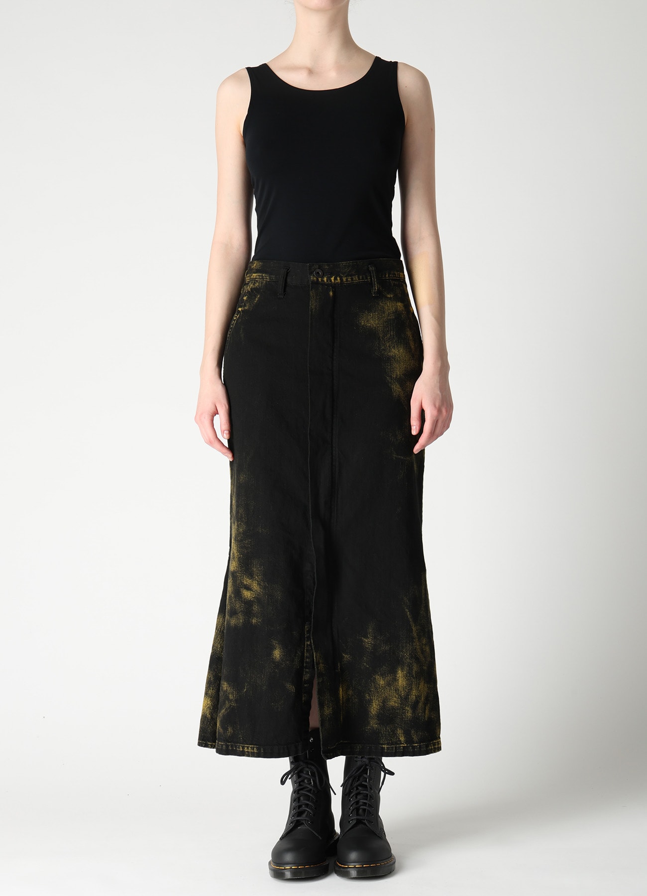 8OZ DENIM BLEACHED OVERDYE FLARE SKIRT