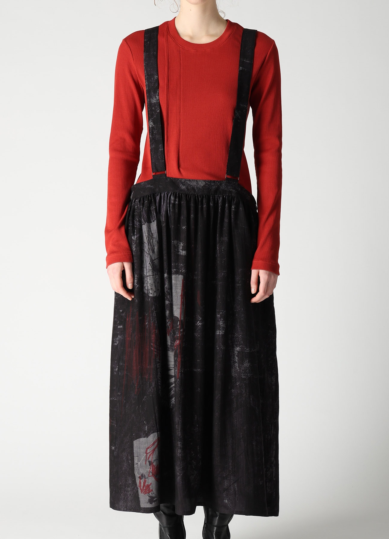 CUPRO DUNGAREE TWILL SHOULDER STRAP GATHERED SKIRT