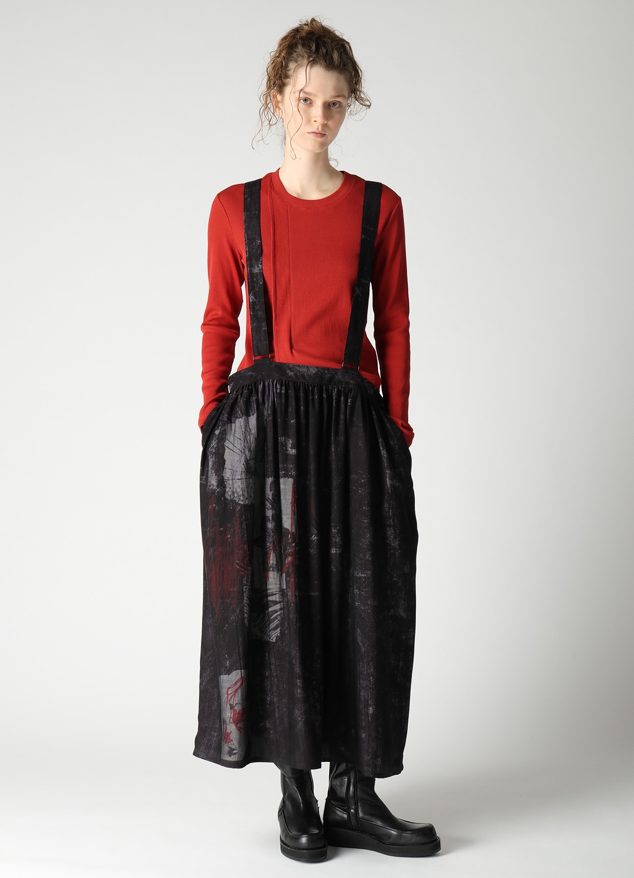CUPRO DUNGAREE TWILL SHOULDER STRAP GATHERED SKIRT