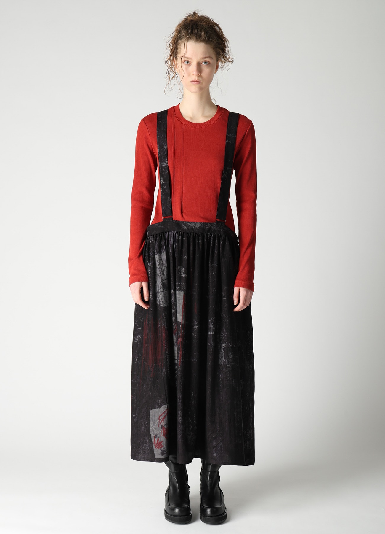 CUPRO DUNGAREE TWILL SHOULDER STRAP GATHERED SKIRT