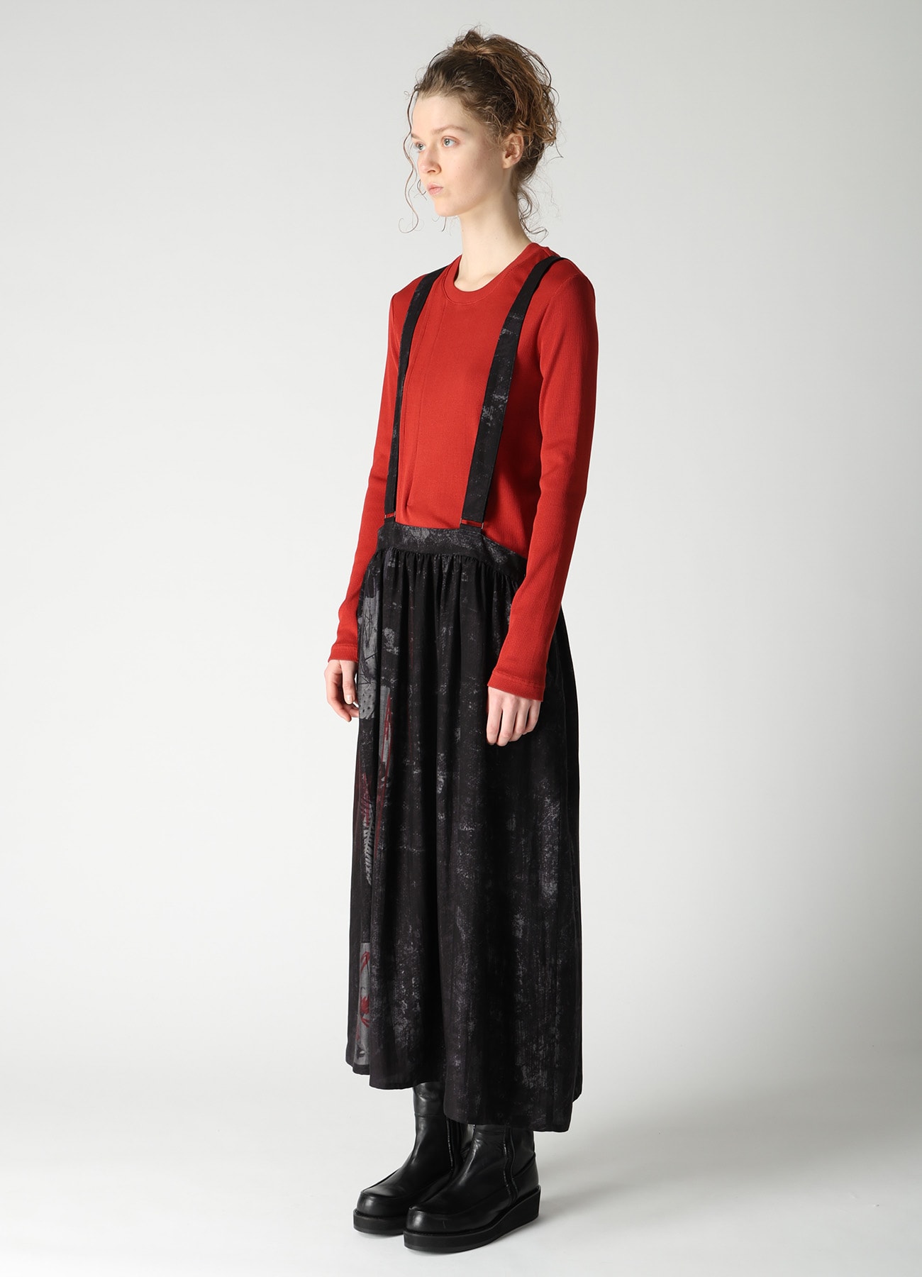 CUPRO DUNGAREE TWILL SHOULDER STRAP GATHERED SKIRT