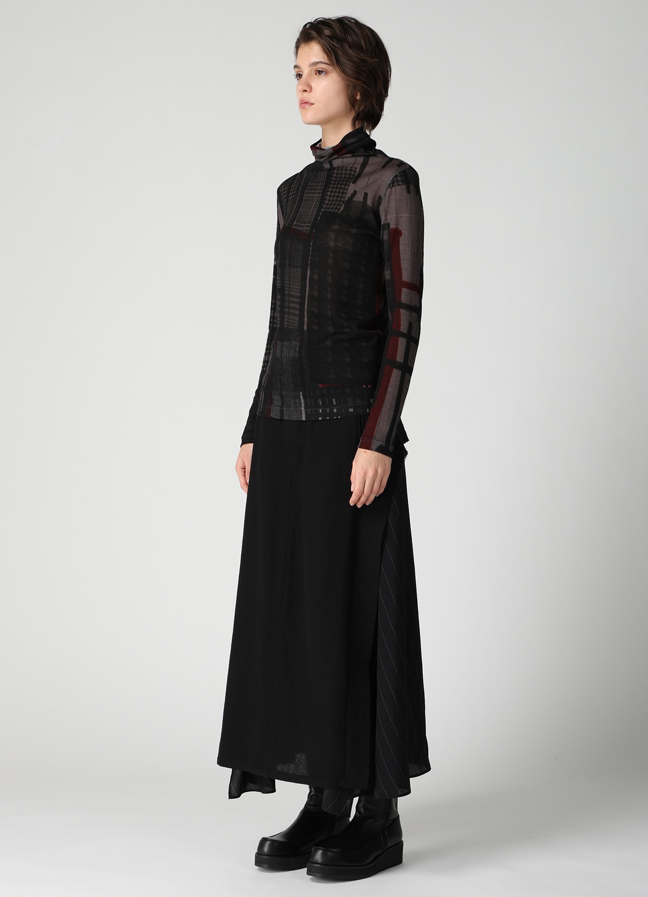 WOOL JERSEY PLAID PRINT HIGH NECK LONG SLEEVE T-SHIRTS