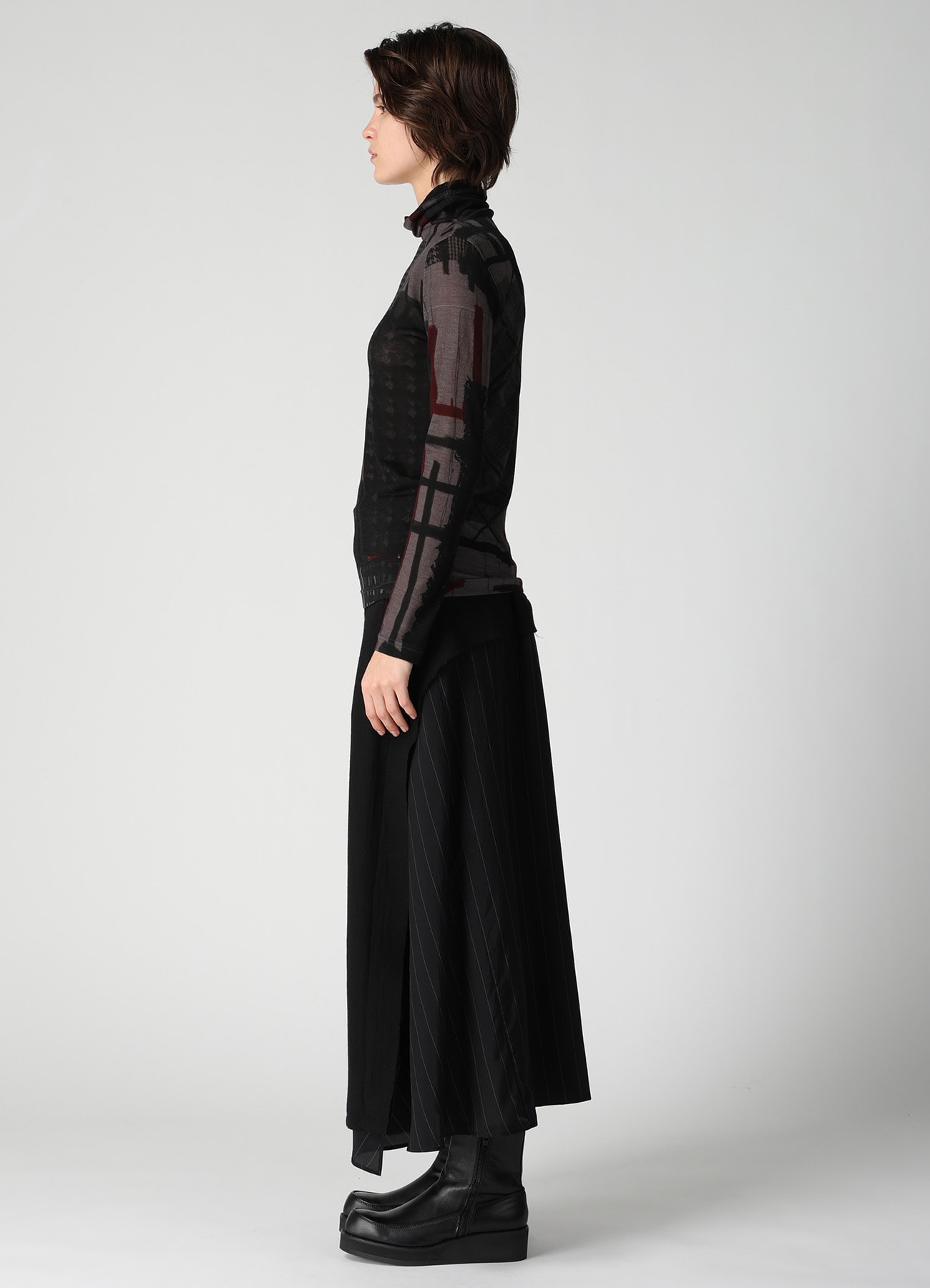 WOOL JERSEY PLAID PRINT HIGH NECK LONG SLEEVE T-SHIRTS
