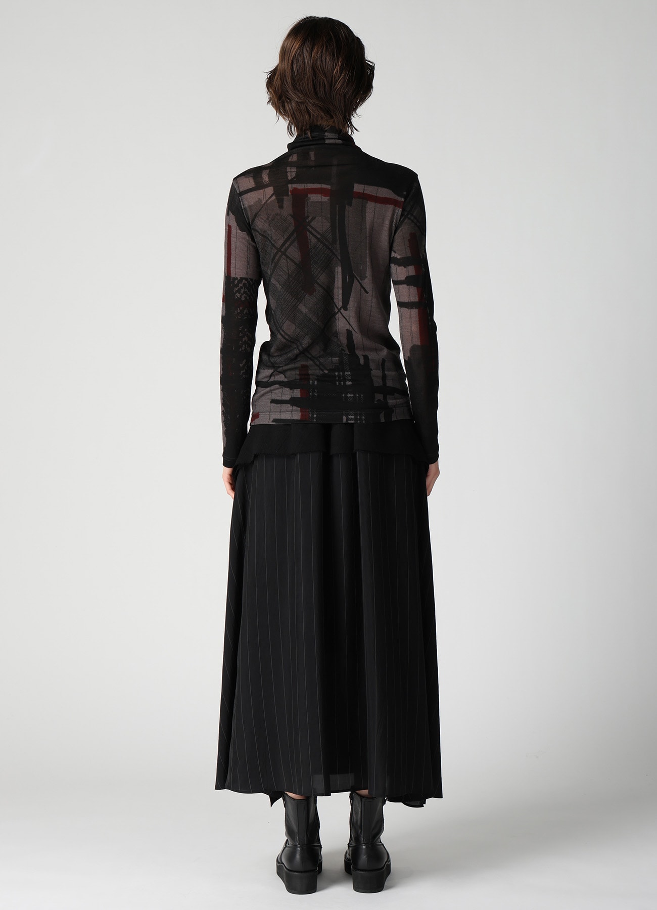 WOOL JERSEY PLAID PRINT HIGH NECK LONG SLEEVE T-SHIRTS