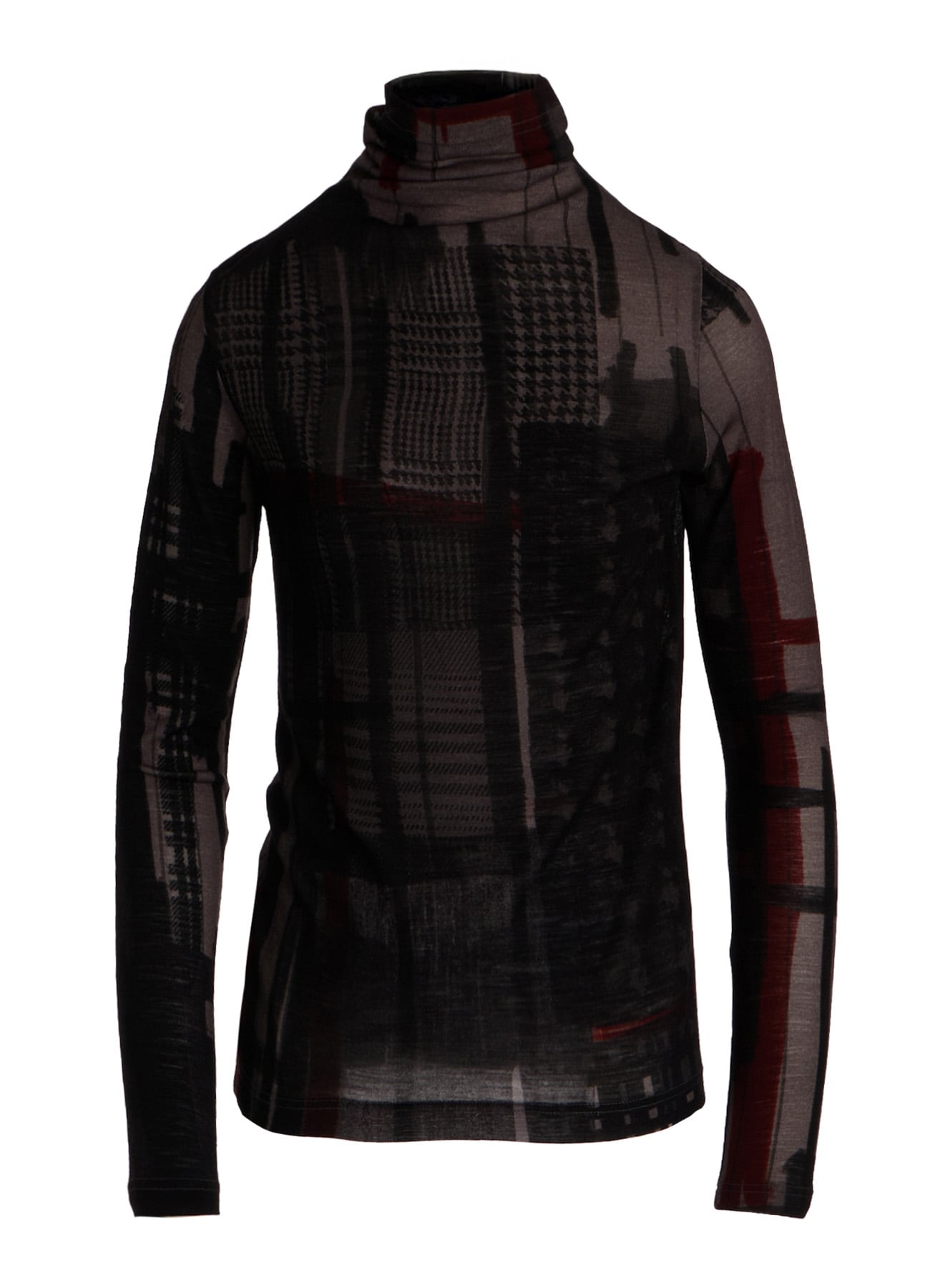 WOOL JERSEY PLAID PRINT HIGH NECK LONG SLEEVE T-SHIRTS