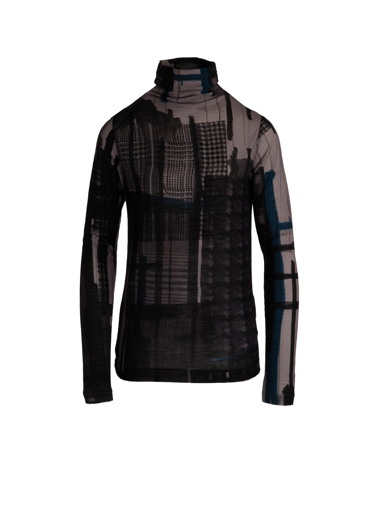 WOOL JERSEY PLAID PRINT HIGH NECK LONG SLEEVE T-SHIRTS