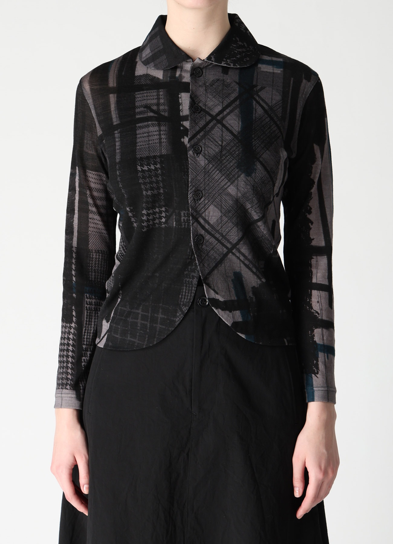 WOOL JERSEY PLAID PRINT LONG SLEEVE CARDIGAN