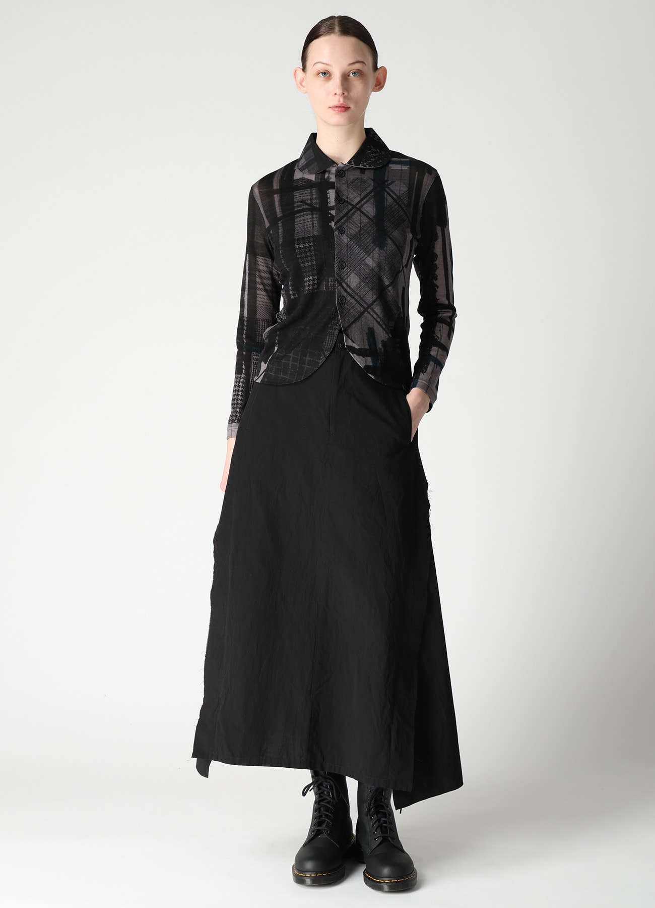 WOOL JERSEY PLAID PRINT LONG SLEEVE CARDIGAN