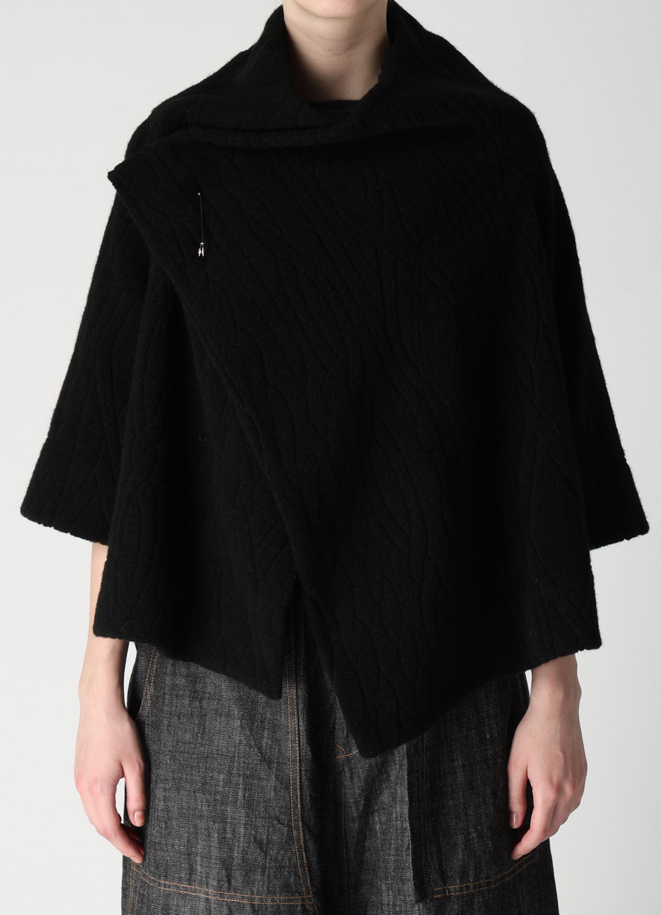 CABLE PILE JACQUARD 3/4 SLEEVE RAGLAN CARDIGAN(S Black): Y's｜THE