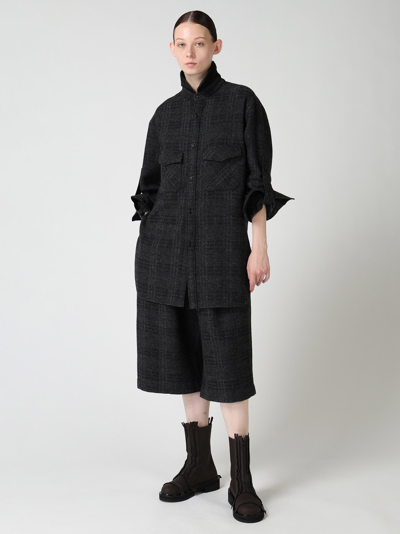 WOOL BLEND PLAID MILITARY SHIRT