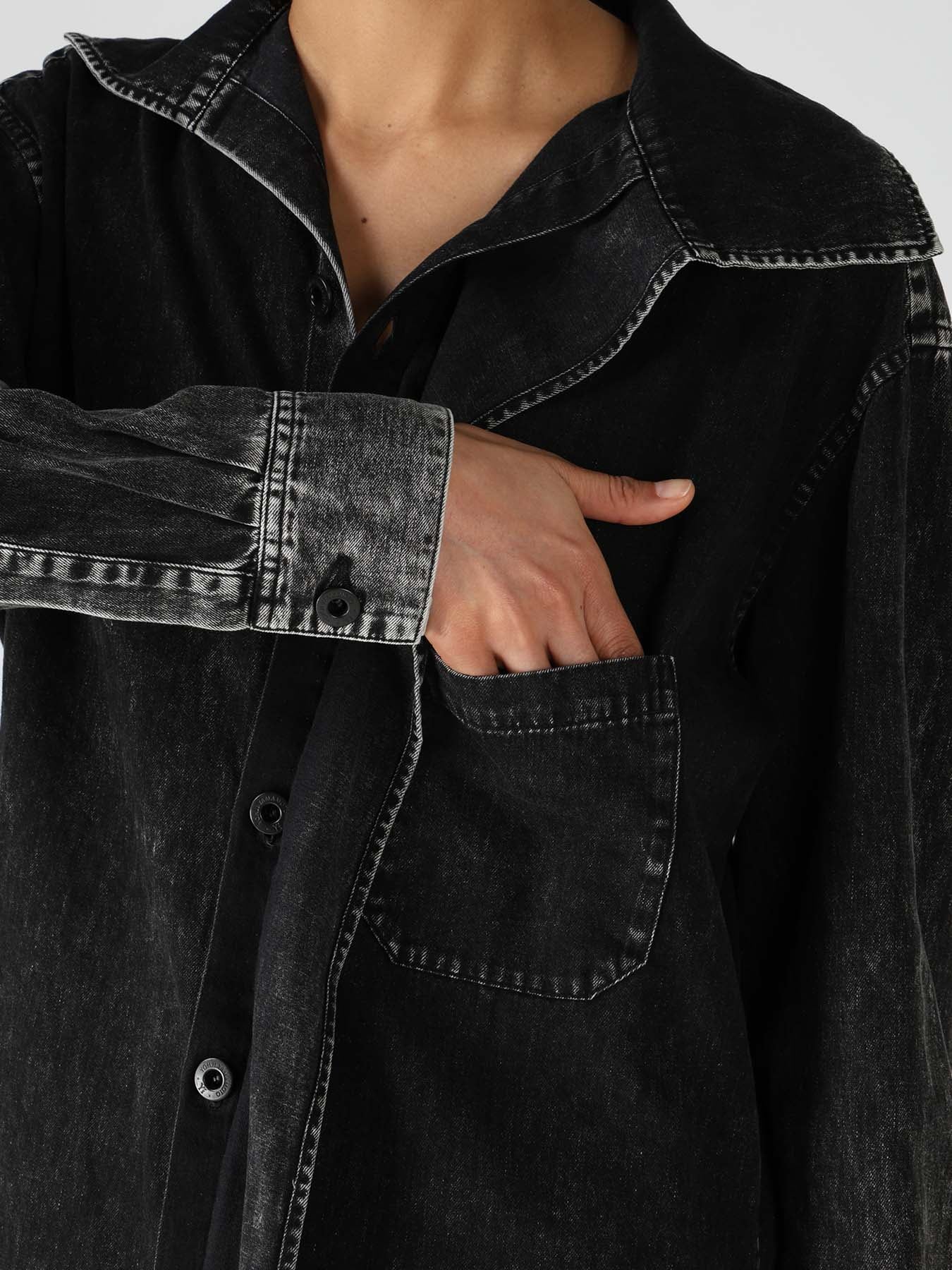 6OZ DENIM CHEMICAL WASH SAILOR COLLAR SHIRT