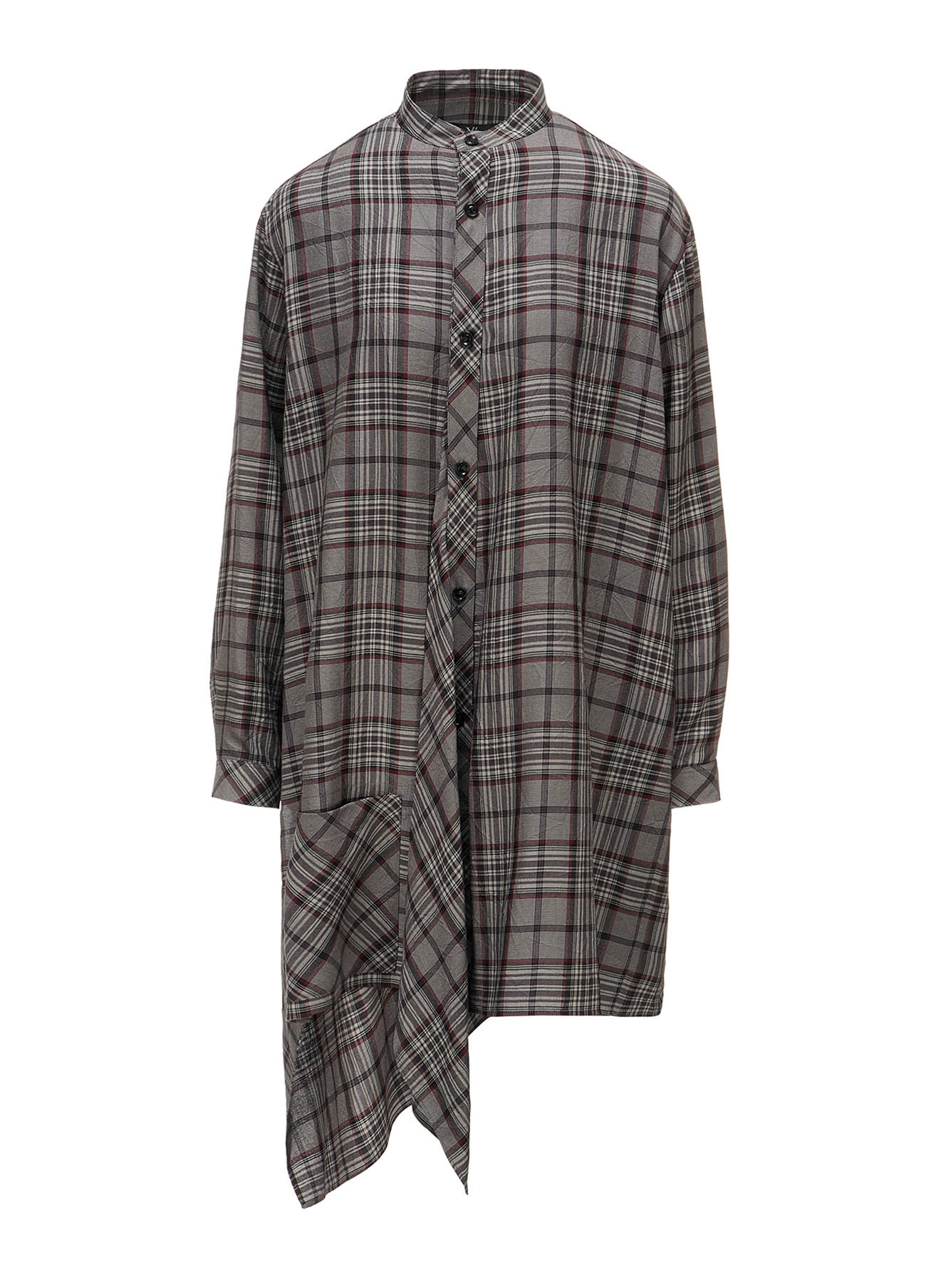 PLAID WASHER STAND COLLAR ASYMMETRIC BLOUSE