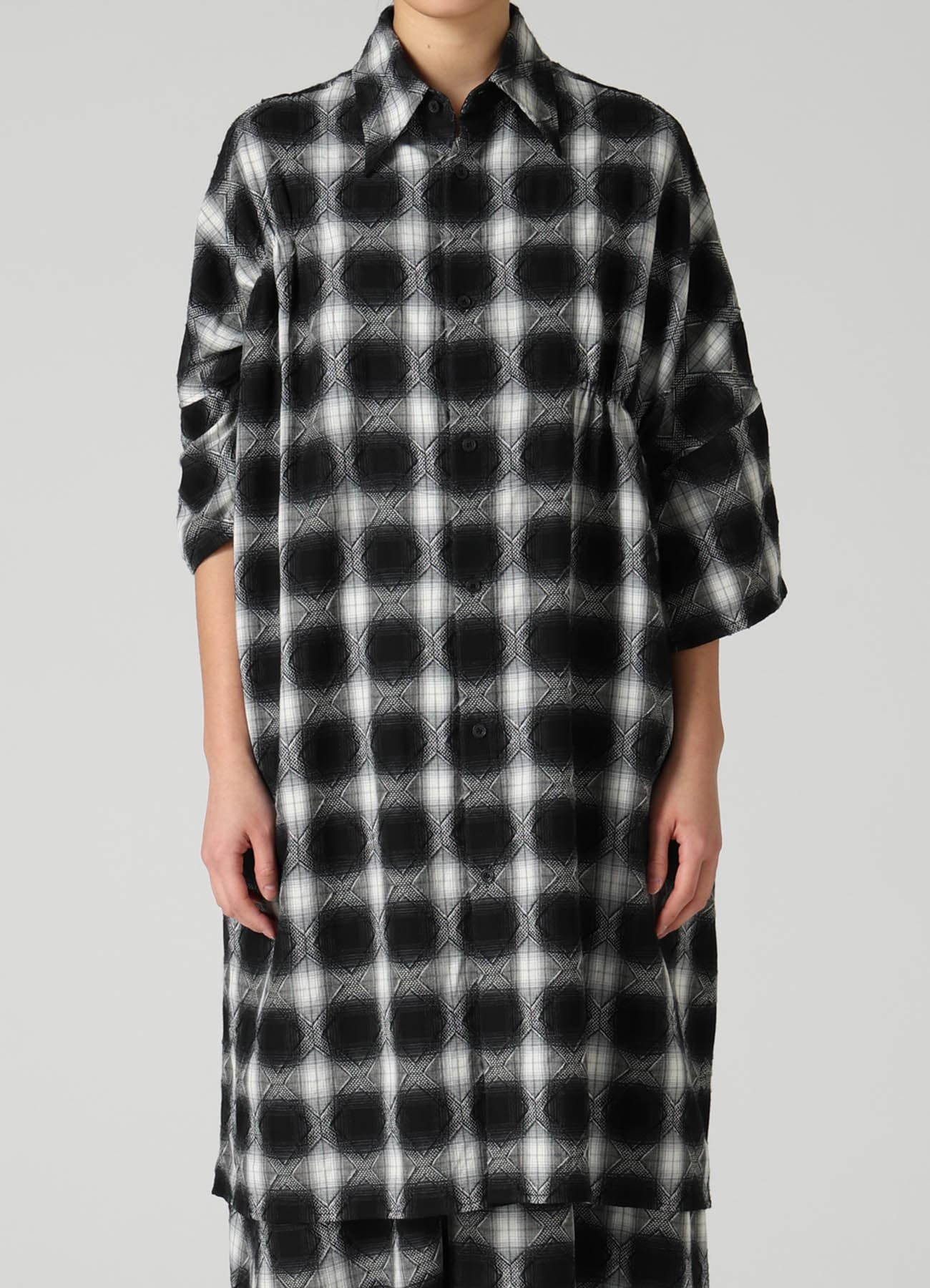 PLAID JACQUARD GATHERED OVERSIZED BLOUSE