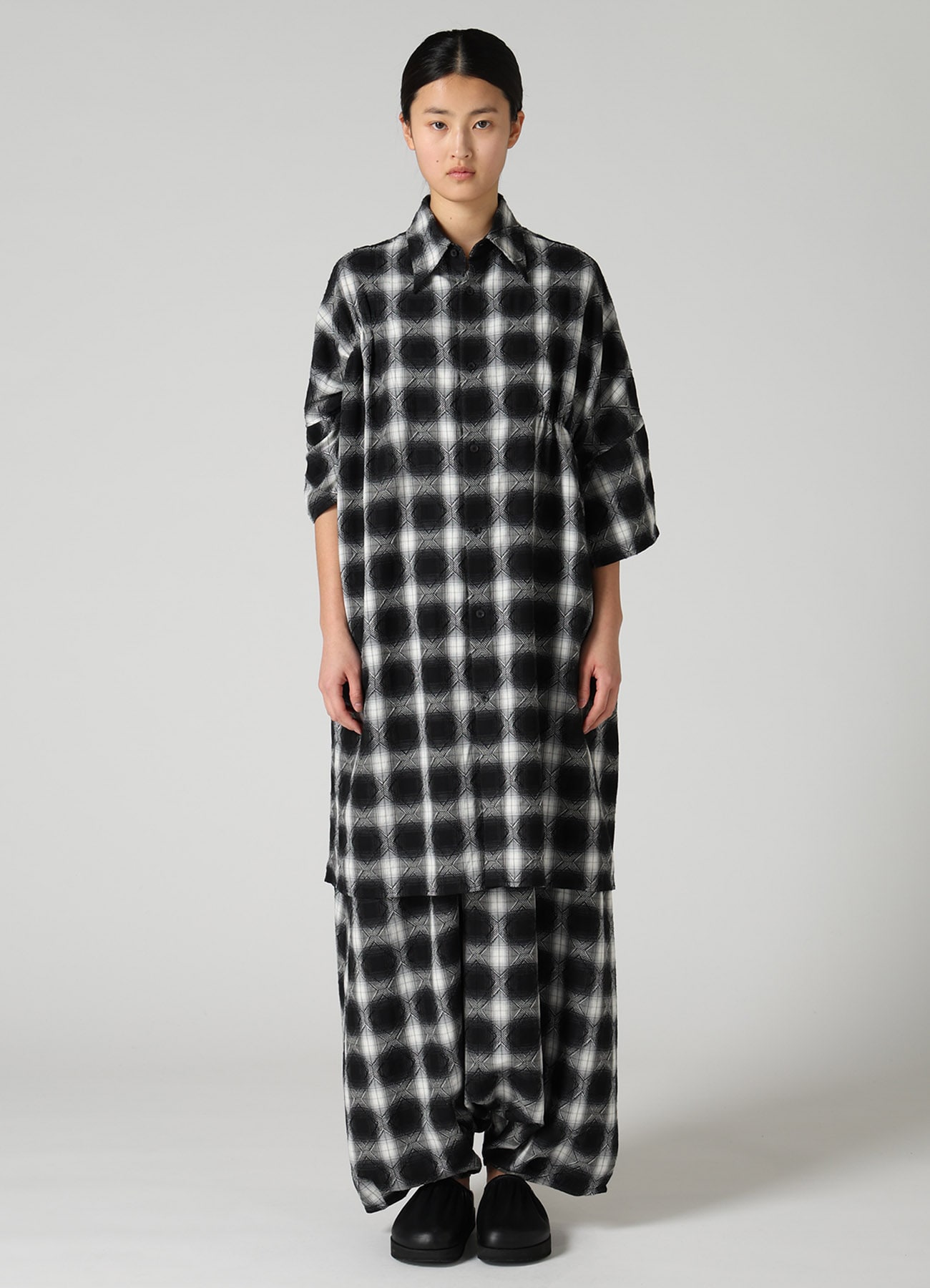 PLAID JACQUARD GATHERED OVERSIZED BLOUSE