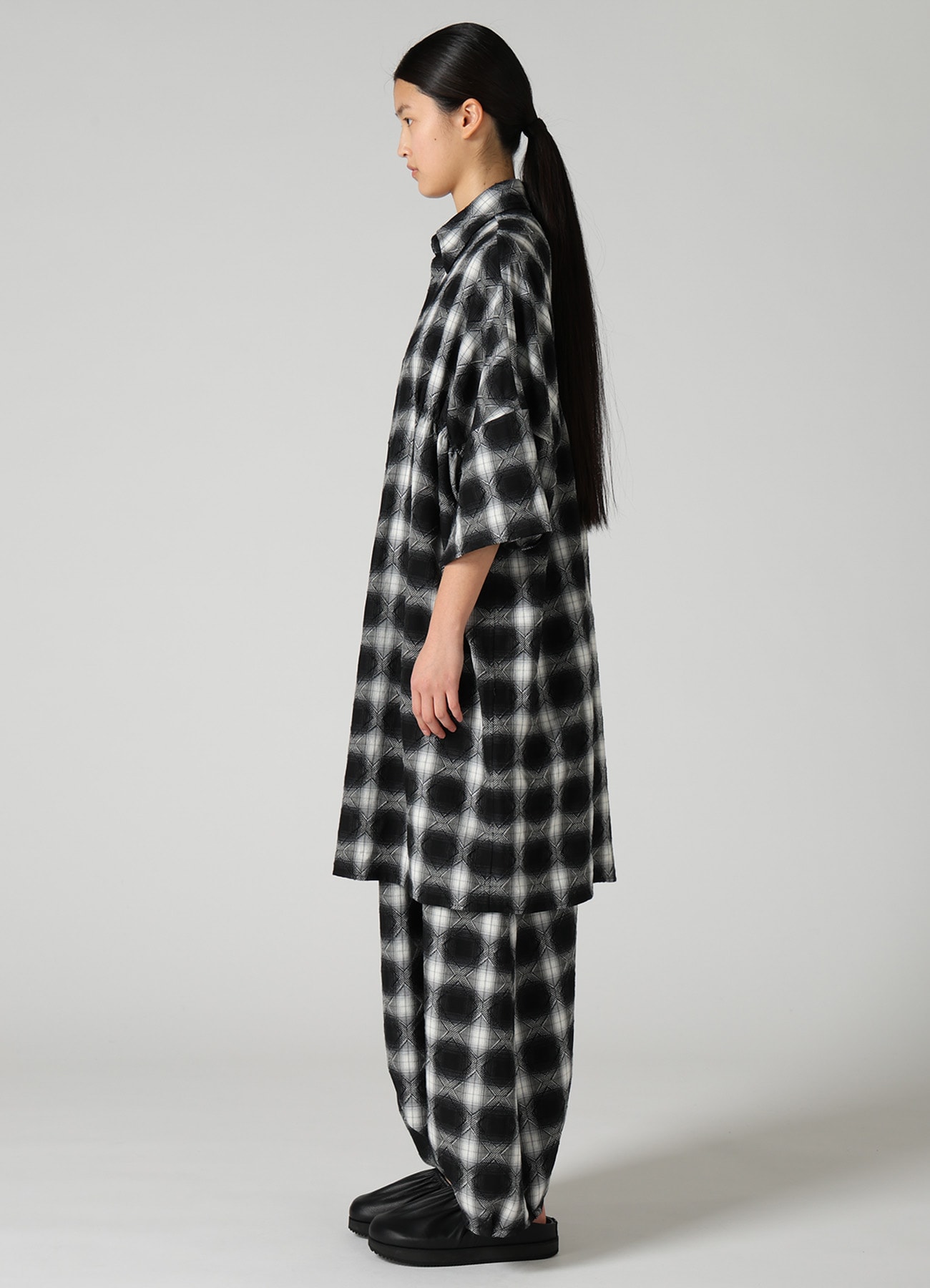 PLAID JACQUARD GATHERED OVERSIZED BLOUSE