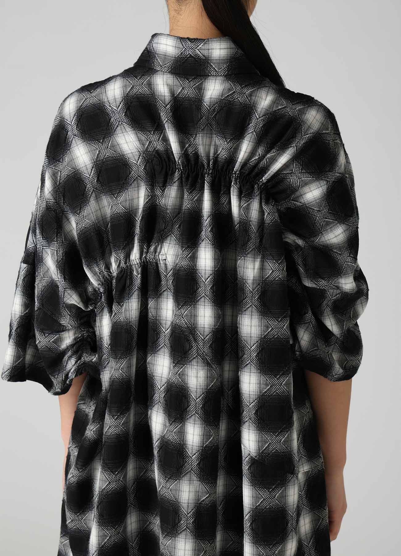 PLAID JACQUARD GATHERED OVERSIZED BLOUSE