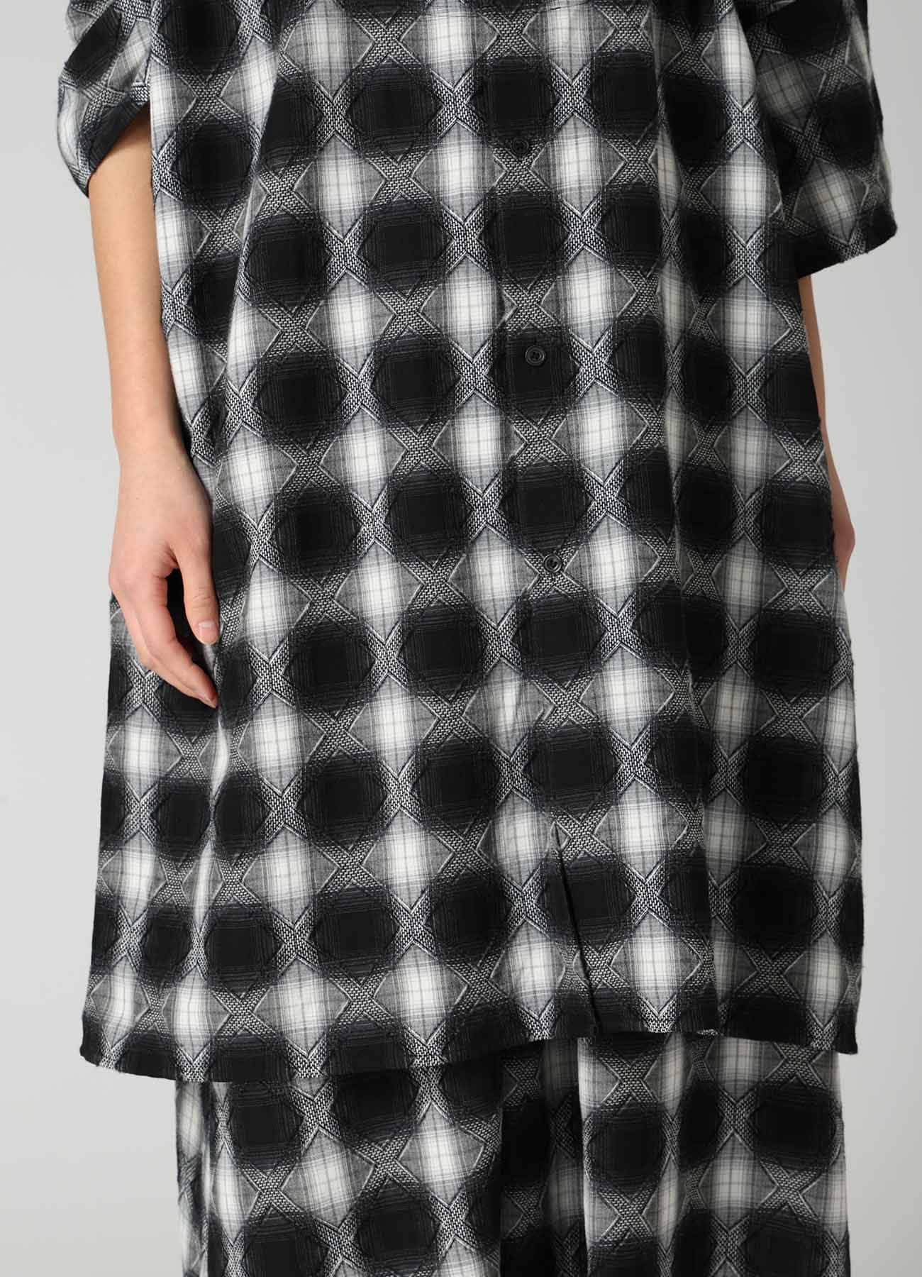 PLAID JACQUARD GATHERED OVERSIZED BLOUSE