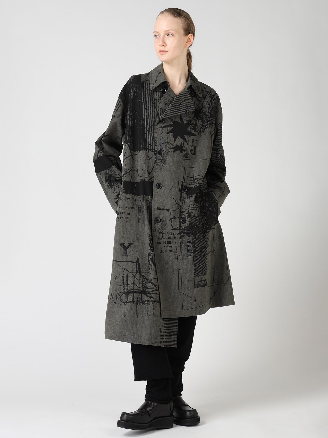 HERRINGBONE GRAFFITI PRINT ASYMMETRIC TRENCH COAT