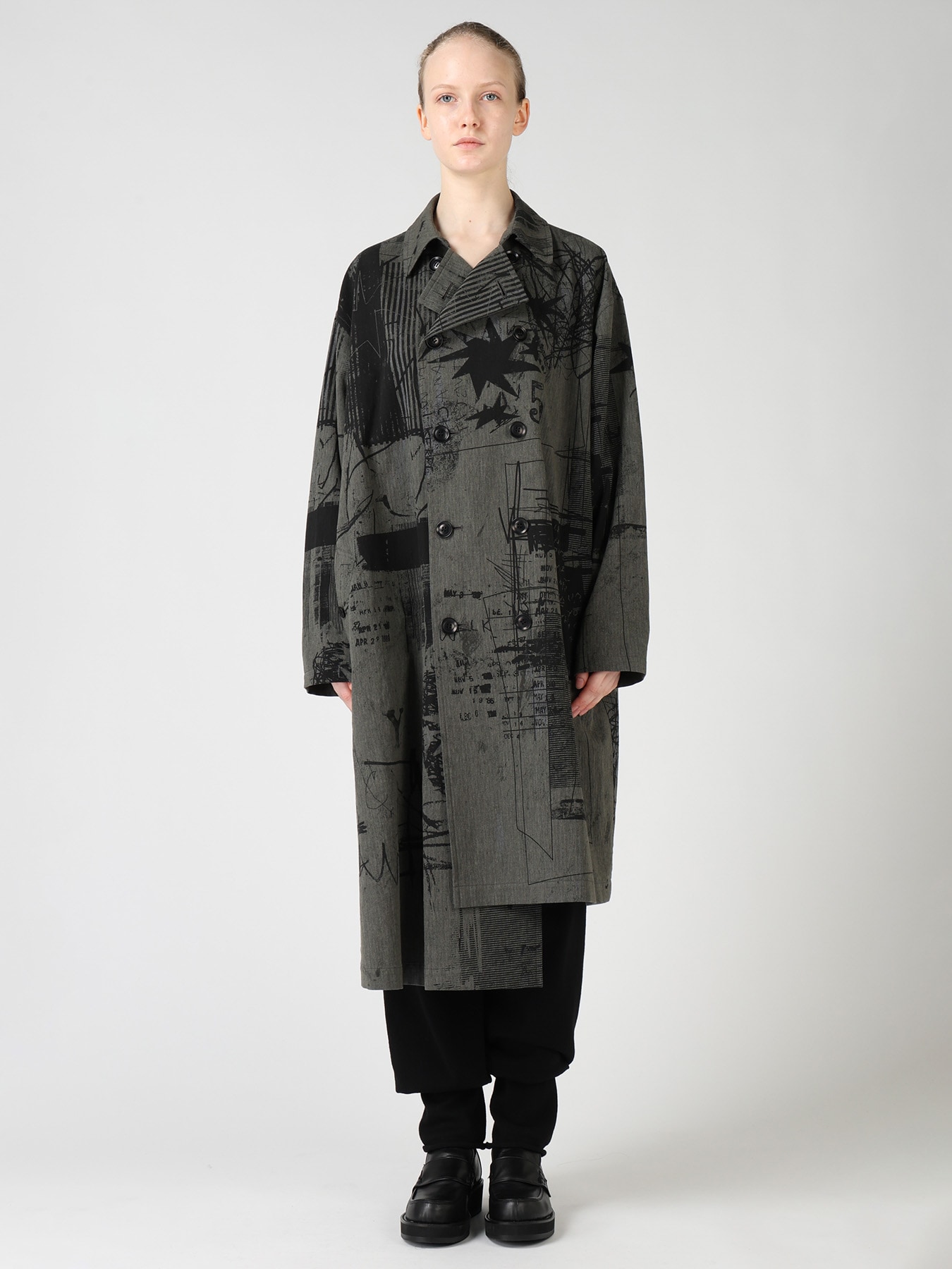 HERRINGBONE GRAFFITI PRINT ASYMMETRIC TRENCH COAT