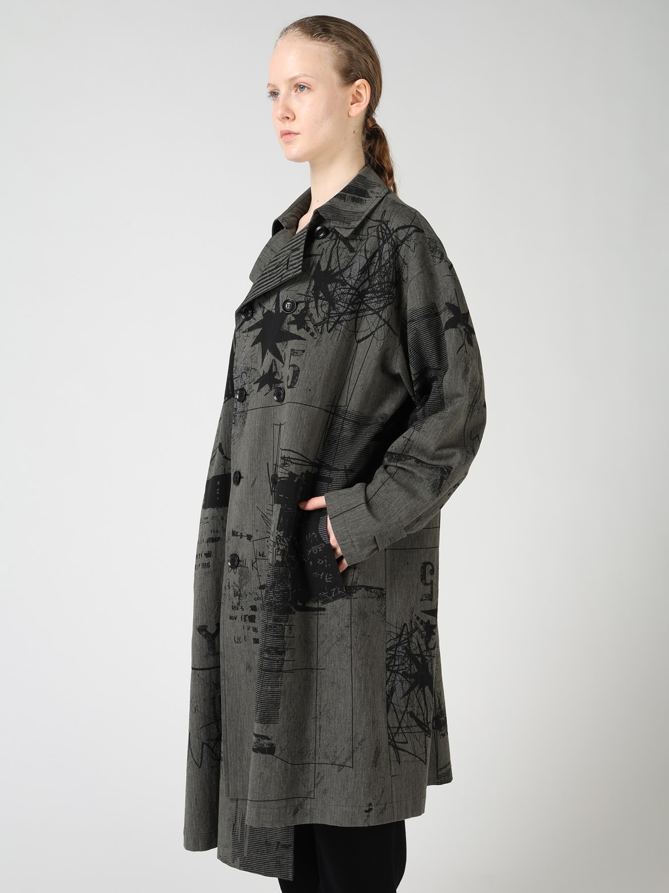 HERRINGBONE GRAFFITI PRINT ASYMMETRIC TRENCH COAT