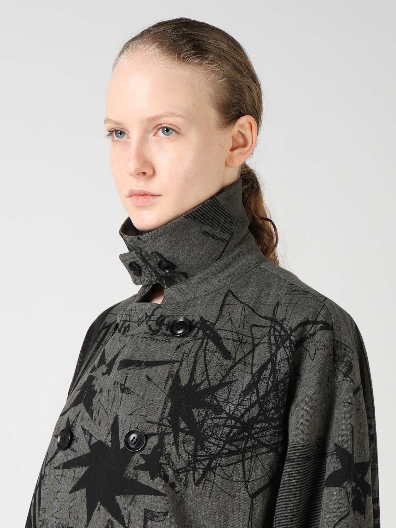 HERRINGBONE GRAFFITI PRINT ASYMMETRIC TRENCH COAT