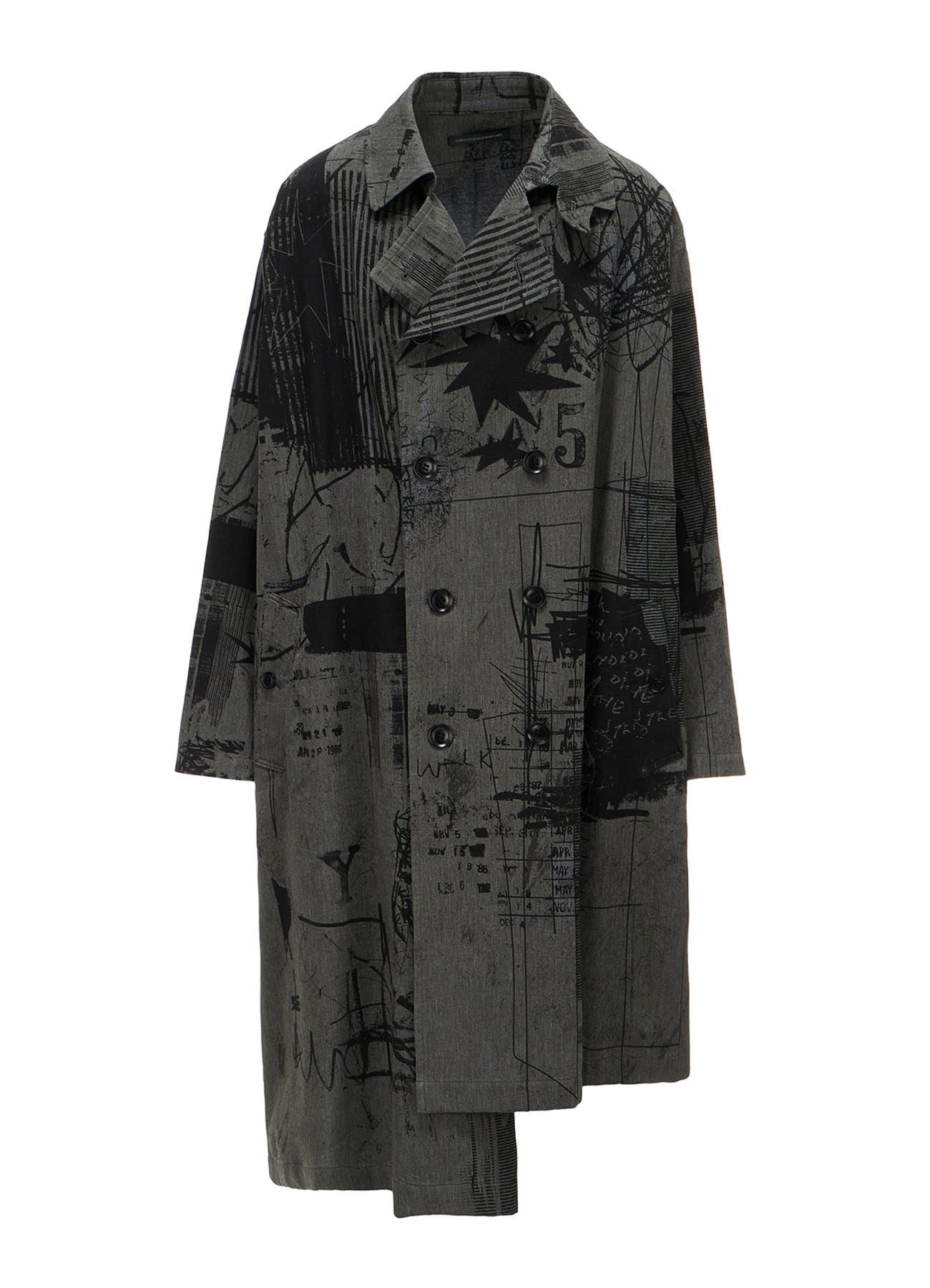 HERRINGBONE GRAFFITI PRINT ASYMMETRIC TRENCH COAT