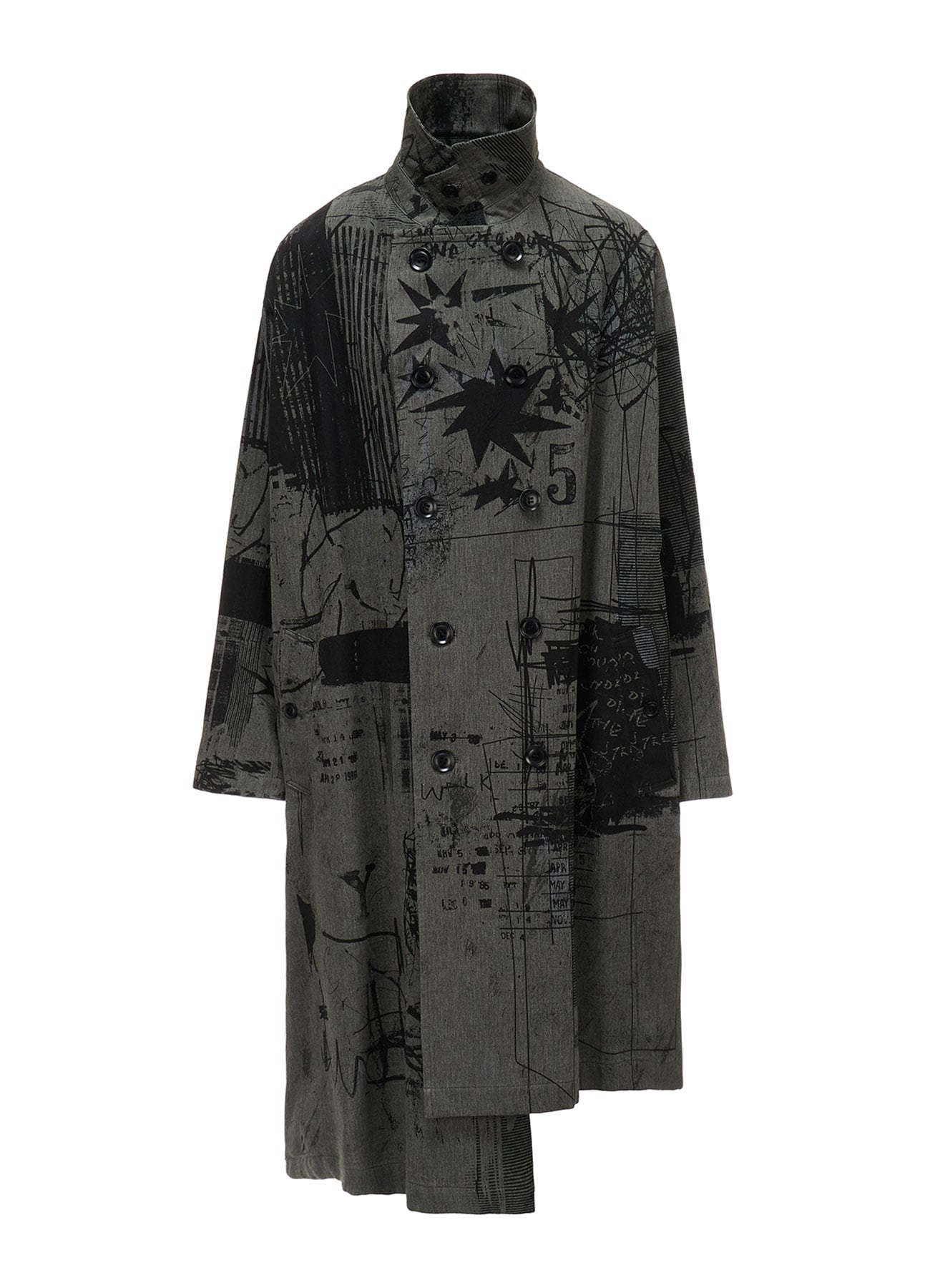 HERRINGBONE GRAFFITI PRINT ASYMMETRIC TRENCH COAT