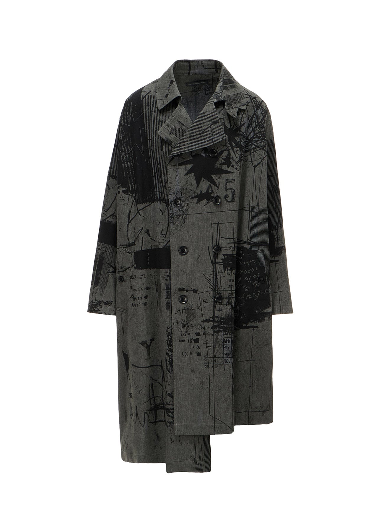 HERRINGBONE GRAFFITI PRINT ASYMMETRIC TRENCH COAT