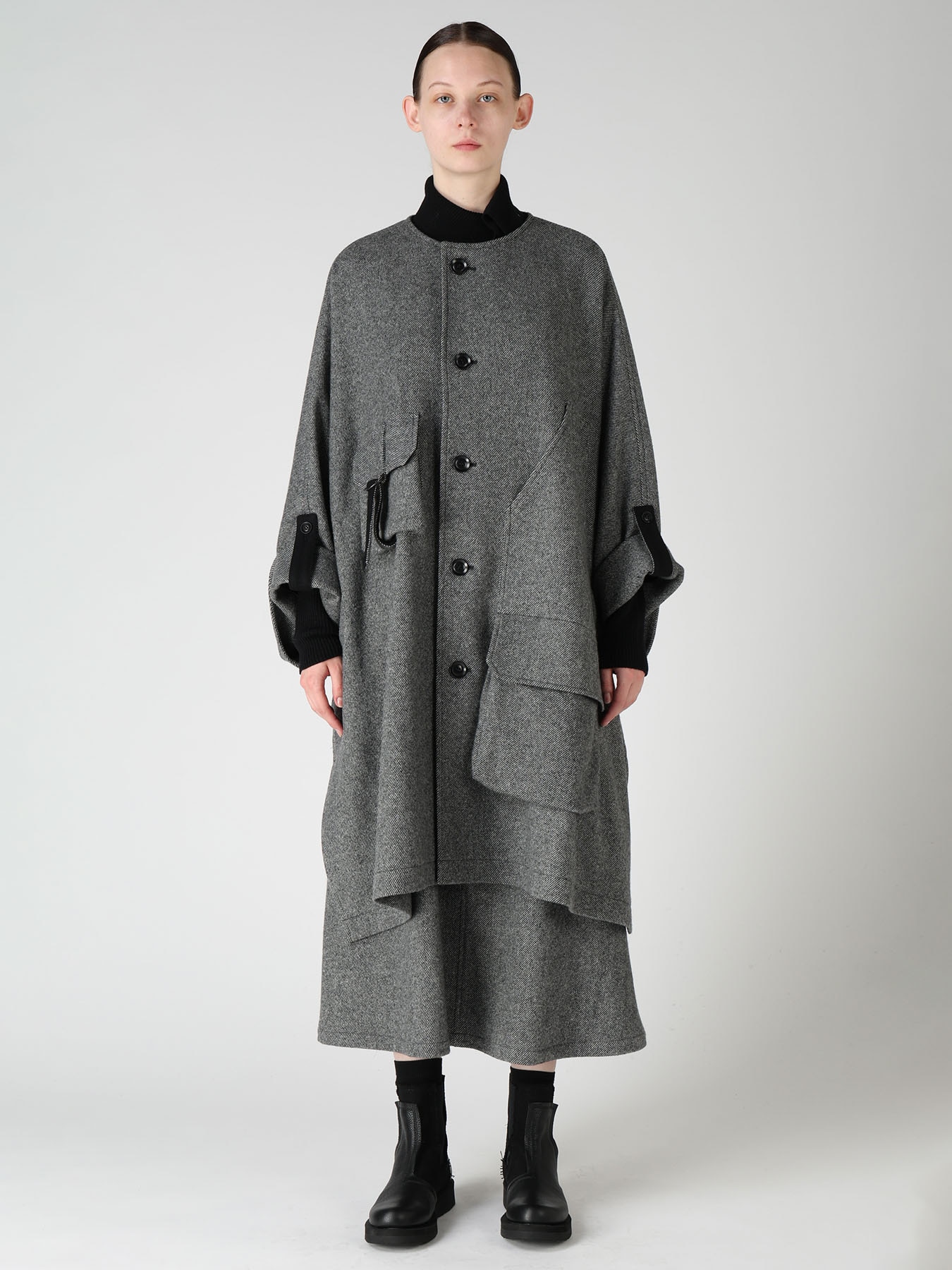 TWILL FLANNEL COLLARLESS DOLMAN COAT