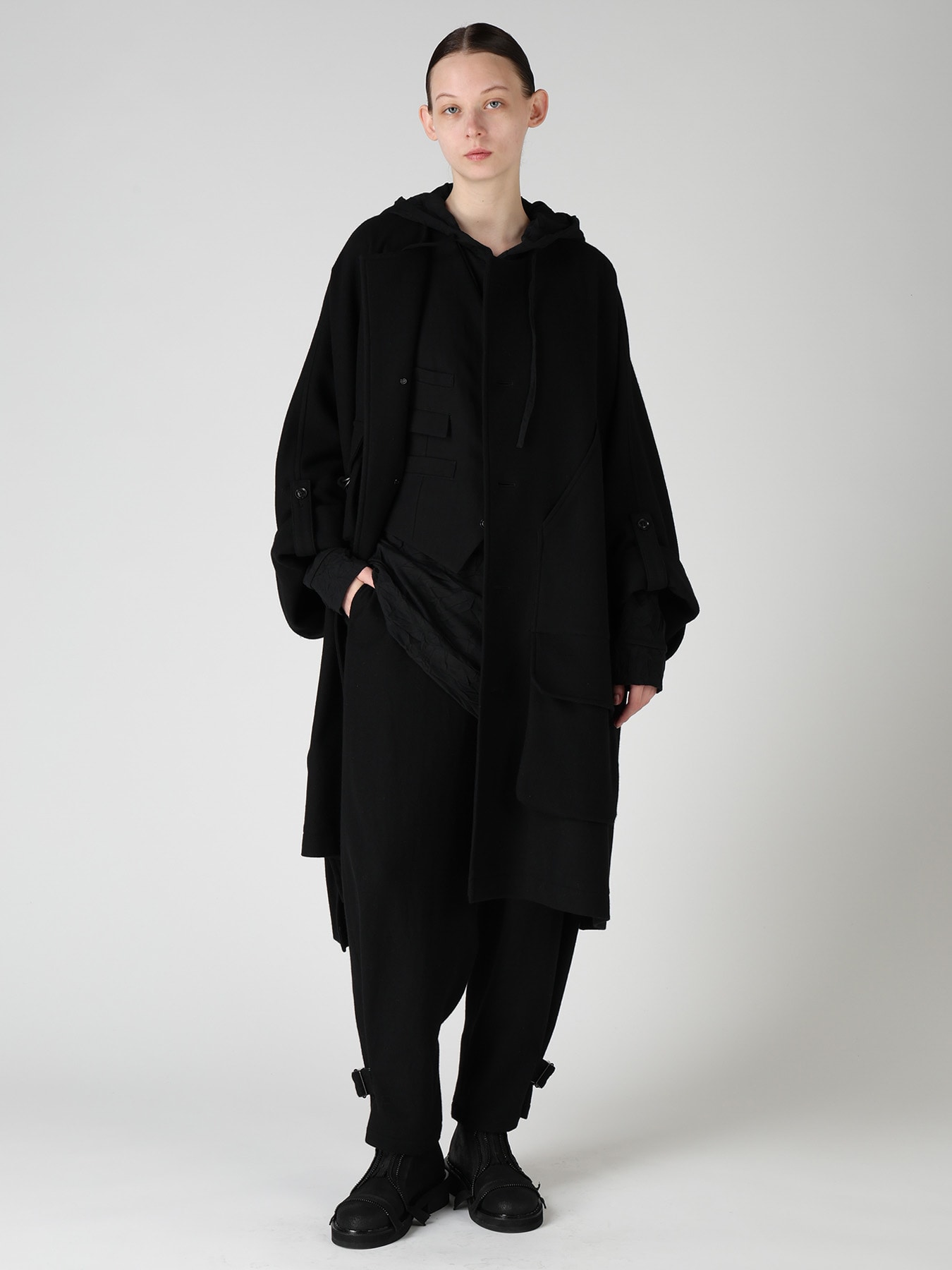 TWILL FLANNEL COLLARLESS DOLMAN COAT