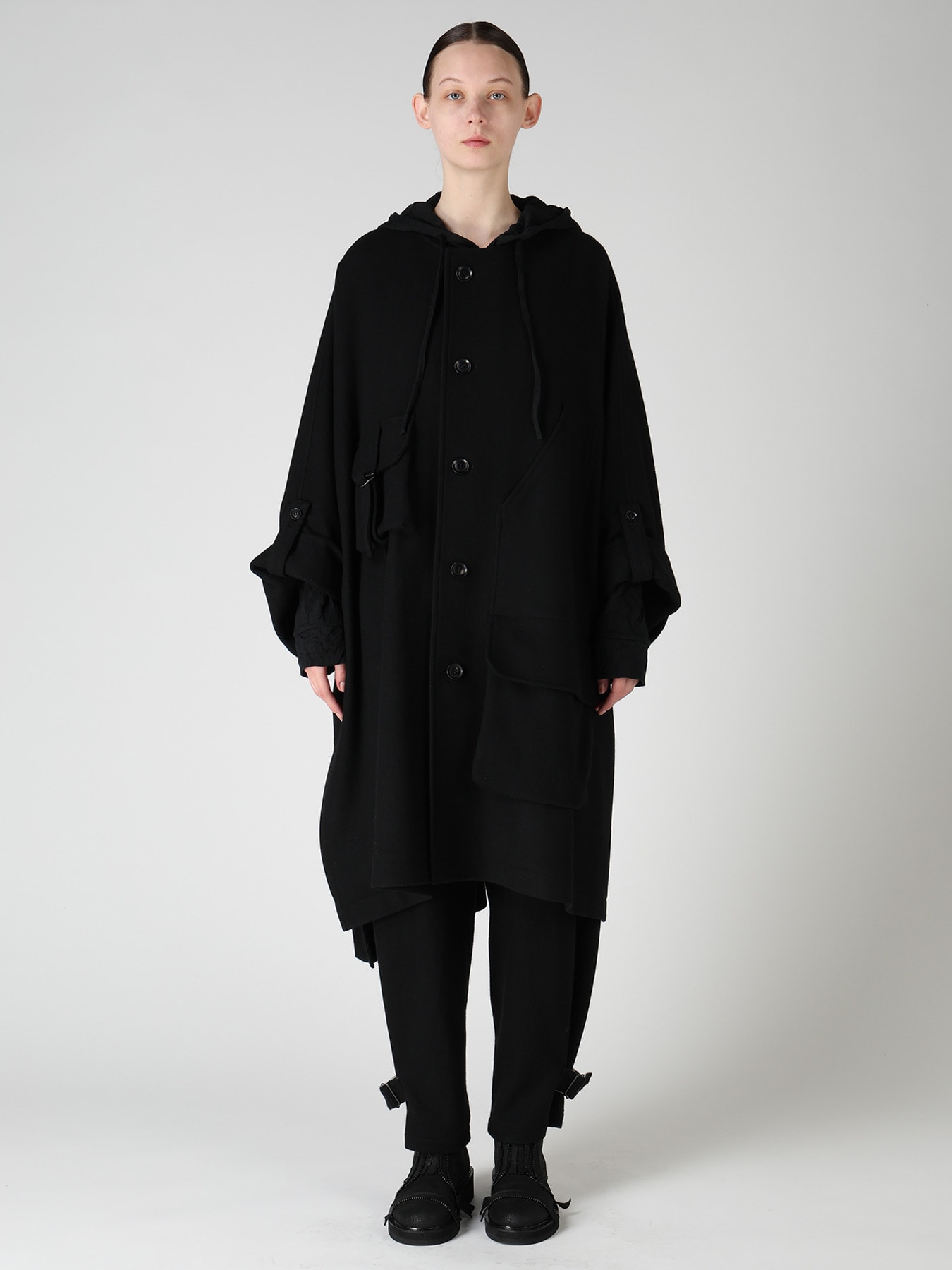 TWILL FLANNEL COLLARLESS DOLMAN COAT