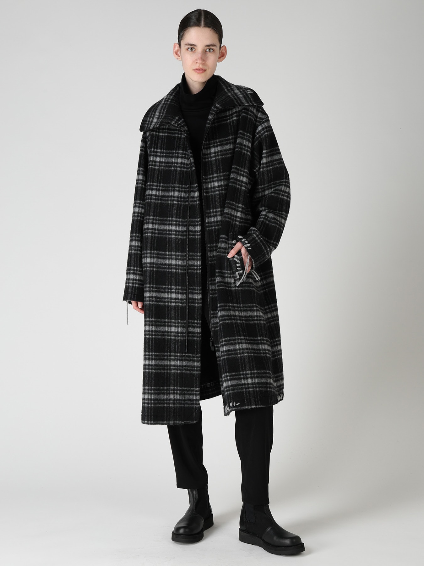SHAGGY PLAID BIG COLLAR ZIPPER COAT