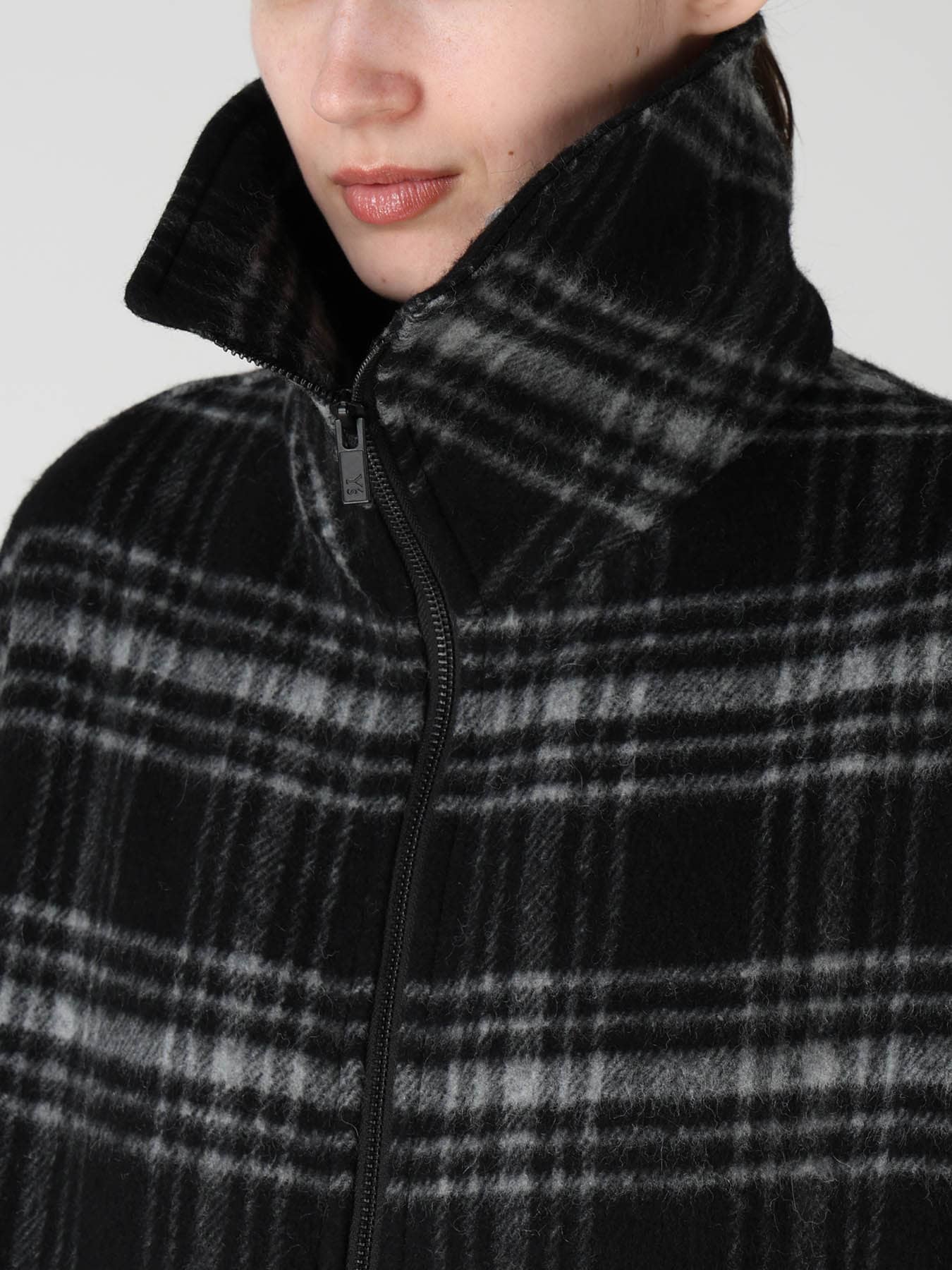 SHAGGY PLAID BIG COLLAR ZIPPER COAT
