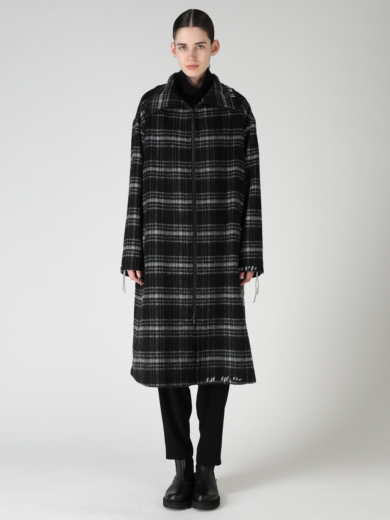 SHAGGY PLAID BIG COLLAR ZIPPER COAT