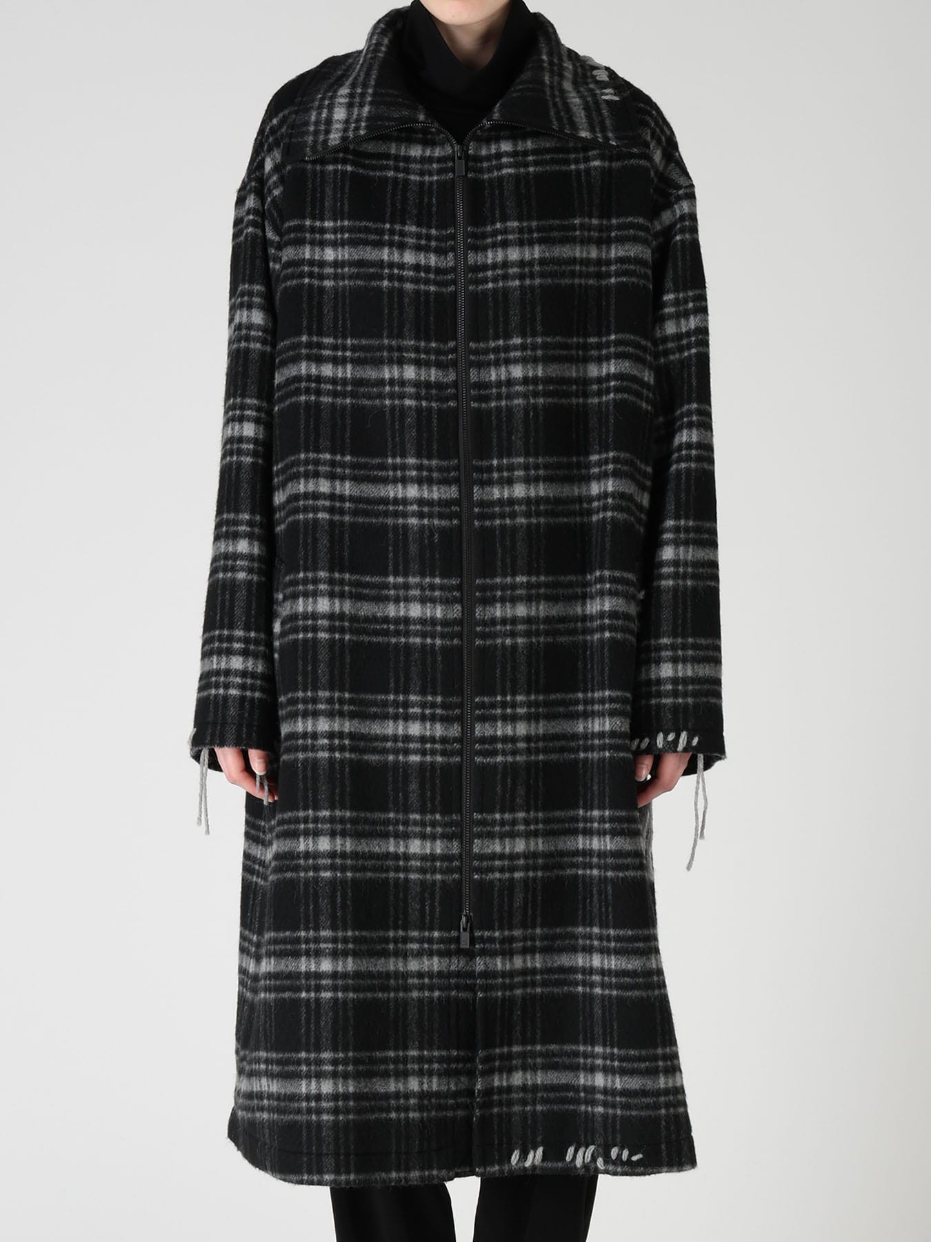 SHAGGY PLAID BIG COLLAR ZIPPER COAT