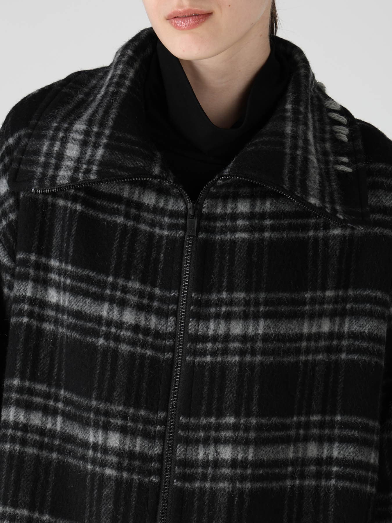 SHAGGY PLAID BIG COLLAR ZIPPER COAT