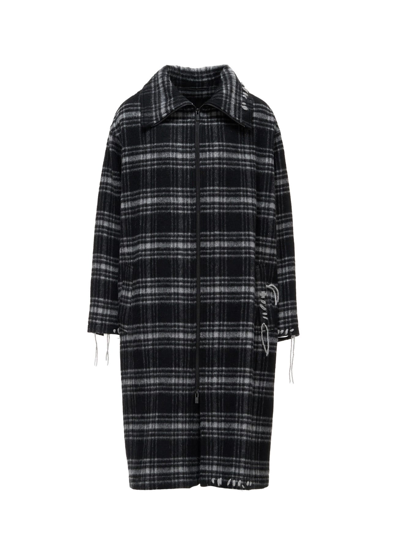 SHAGGY PLAID BIG COLLAR ZIPPER COAT