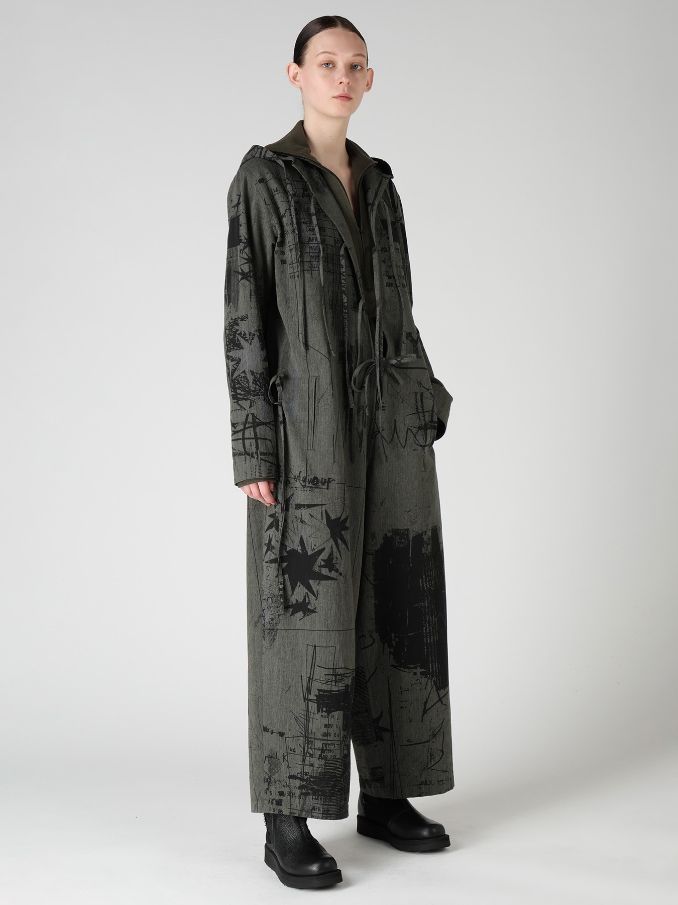 HERRINGBONE GRAFFITI PRINT HOODED OVERALL