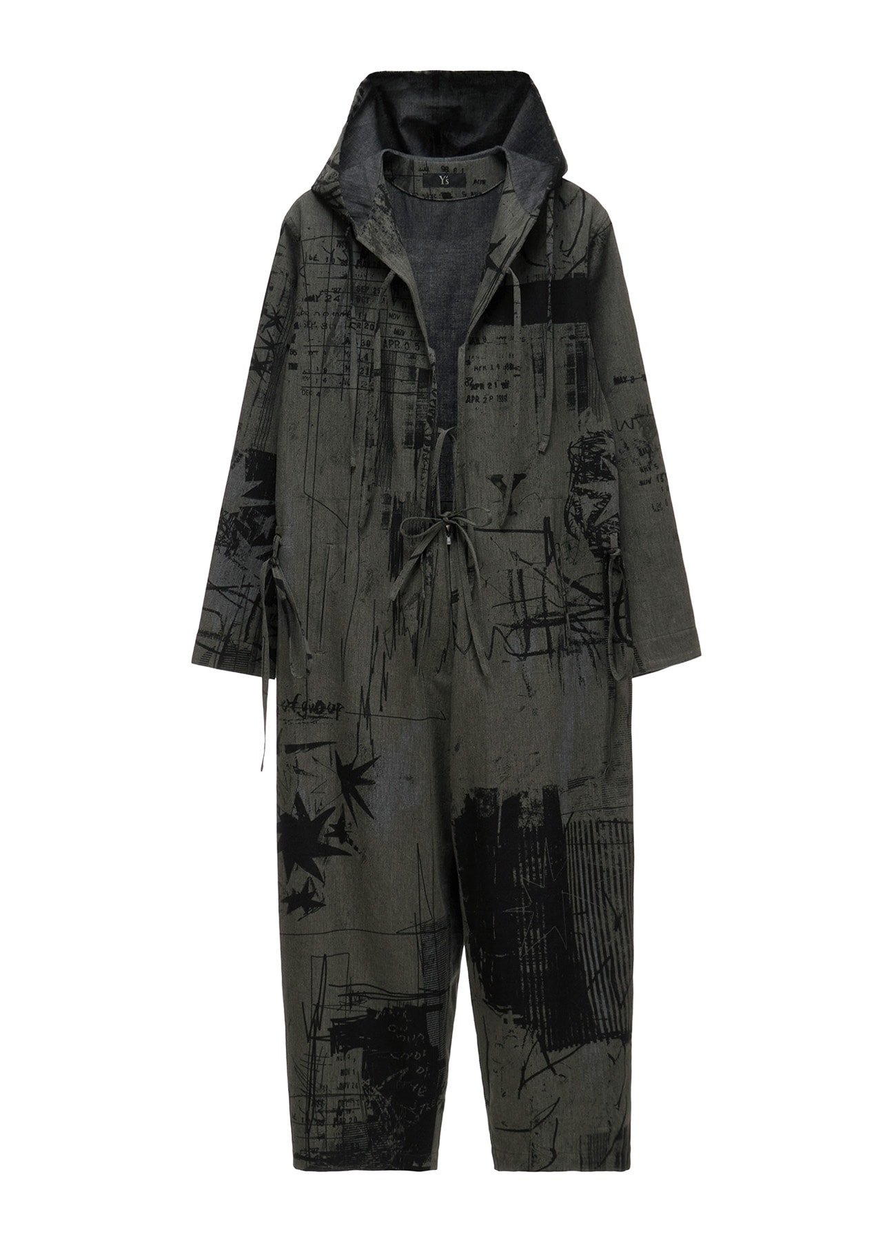 HERRINGBONE GRAFFITI PRINT HOODED OVERALL