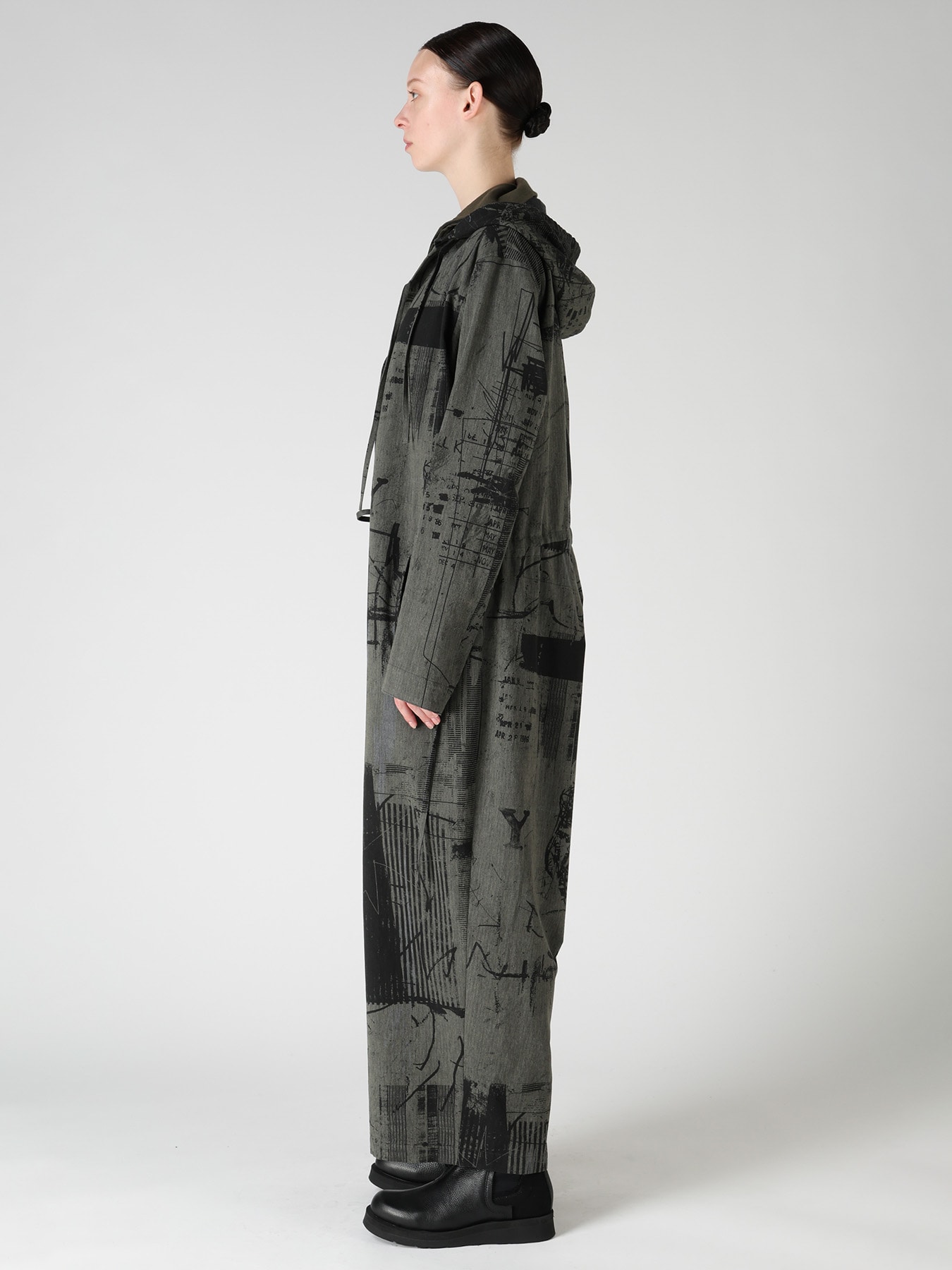 HERRINGBONE GRAFFITI PRINT HOODED OVERALL