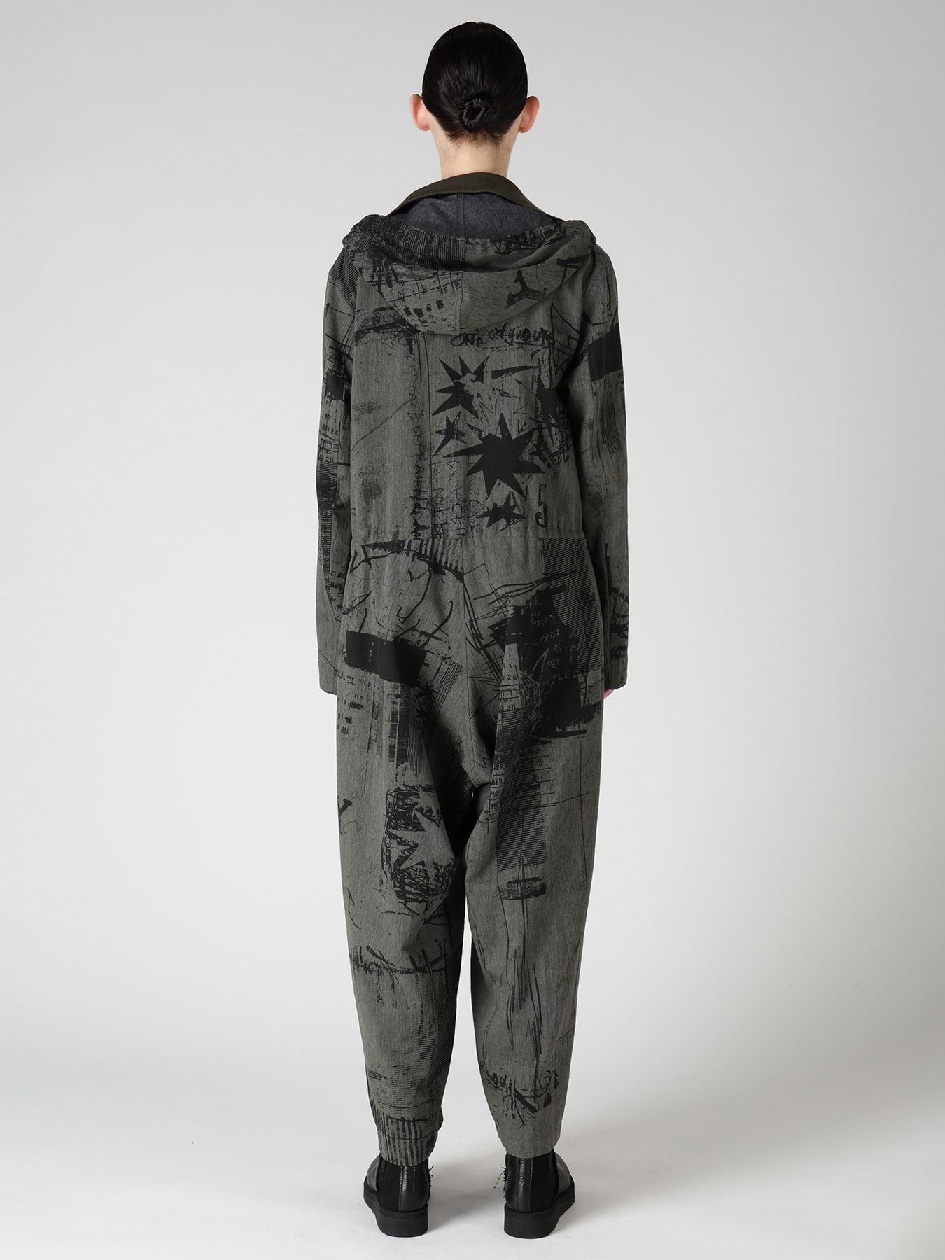 HERRINGBONE GRAFFITI PRINT HOODED OVERALL