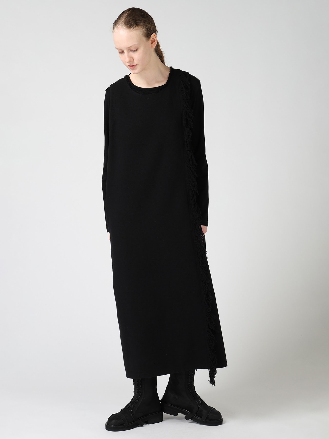 WOOL BLEND KERSEY FRINGE DRESS