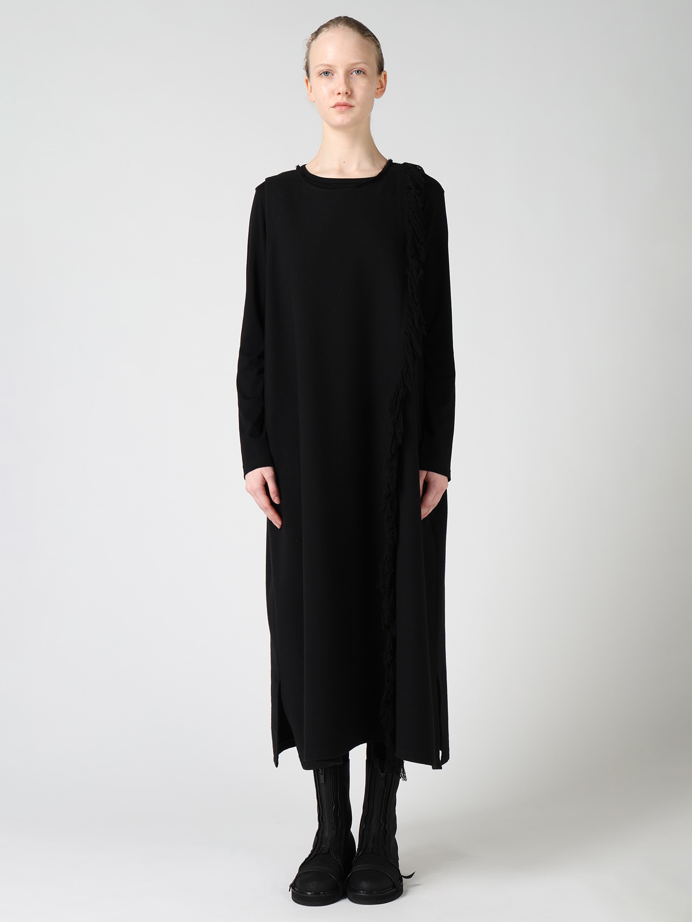 WOOL BLEND KERSEY FRINGE DRESS