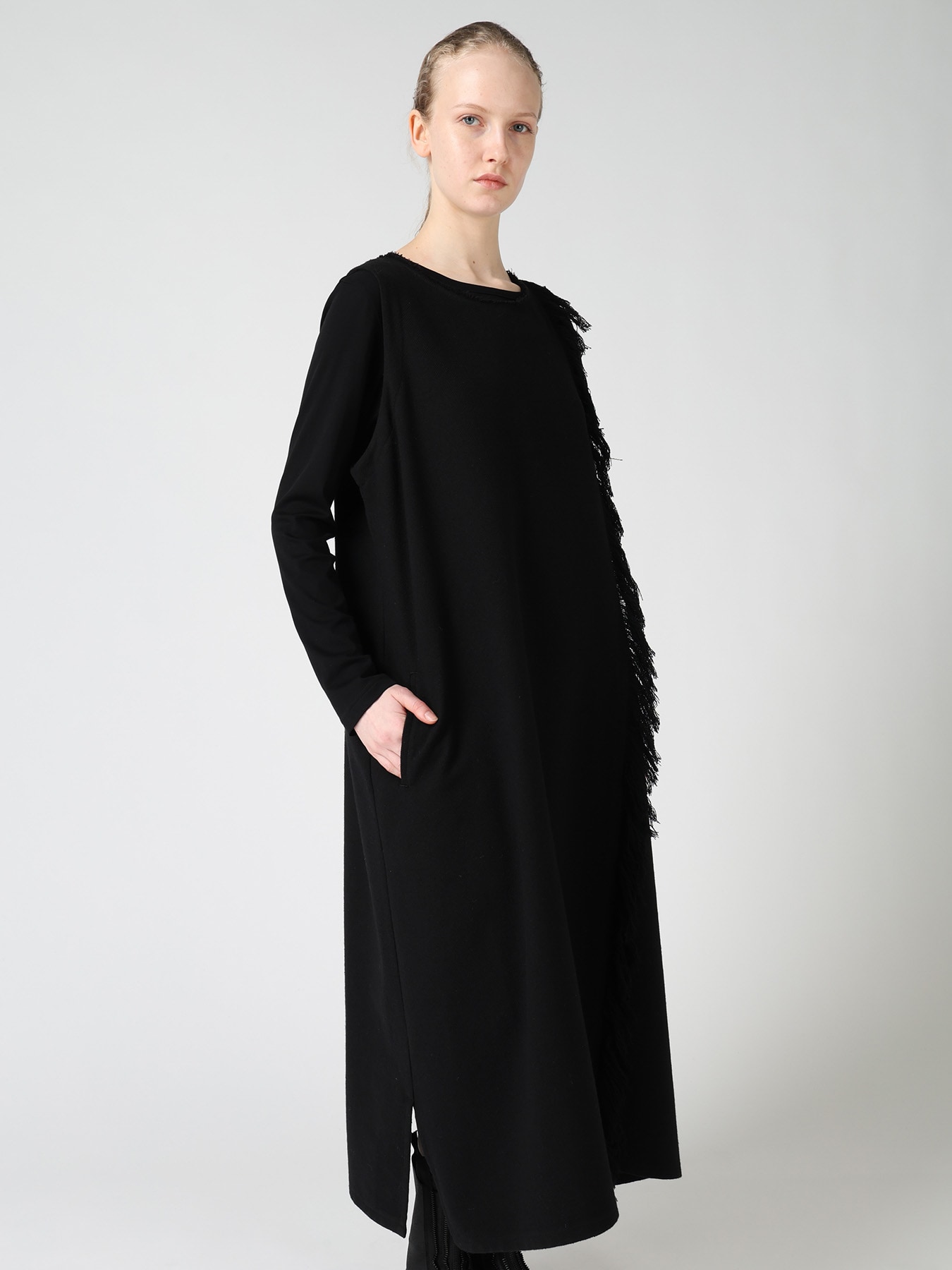 WOOL BLEND KERSEY FRINGE DRESS