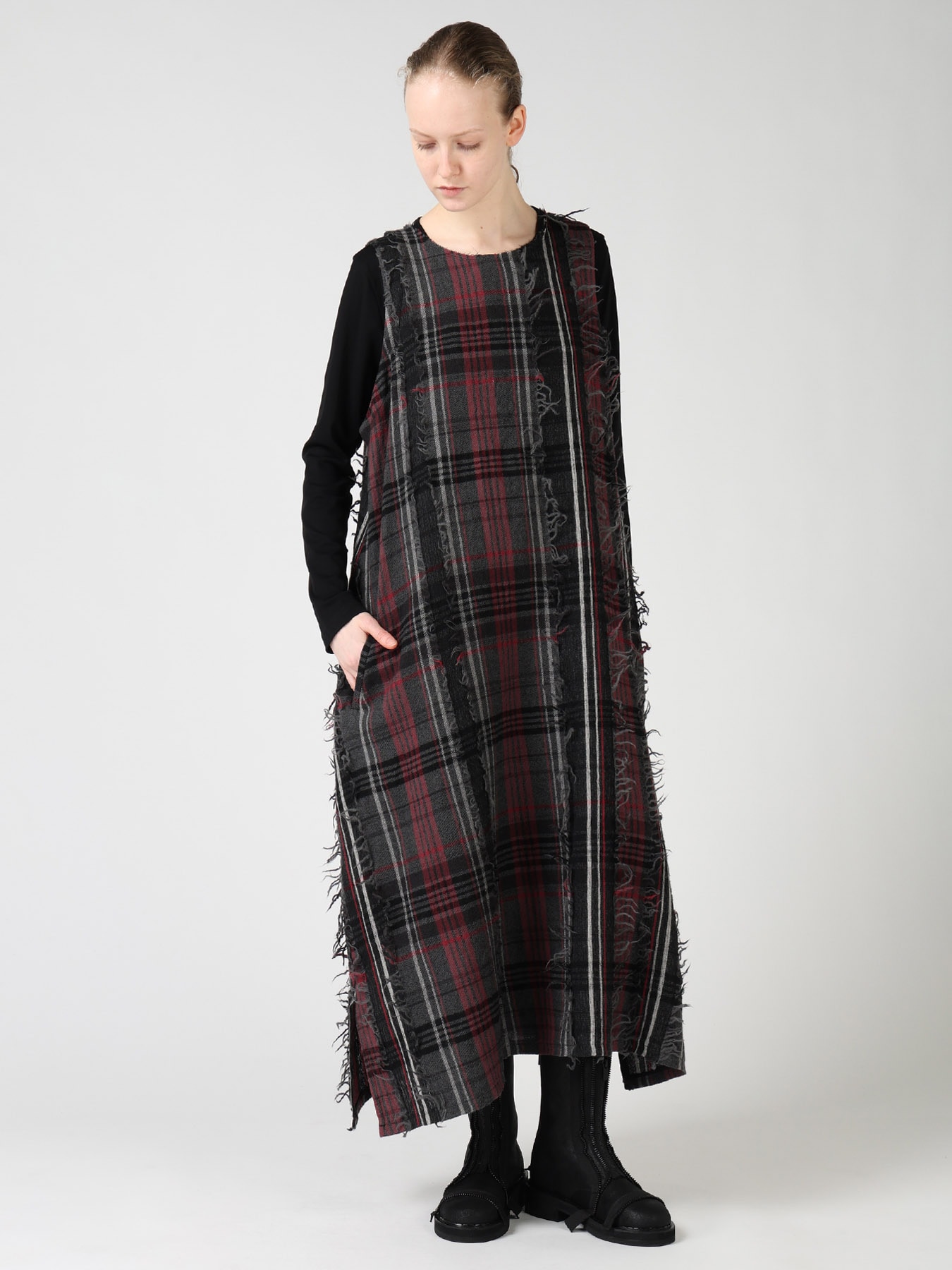 WOOL PLAID CUT JACQUARD SLEEVELESS DRESS