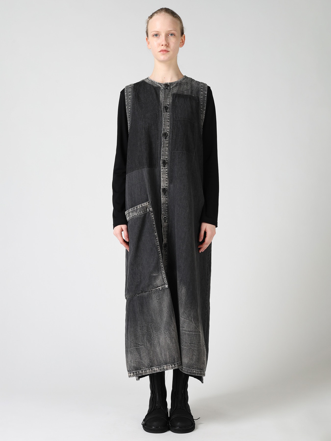 SPOTTED DENIM PATCH POCKET LONG DRESS
