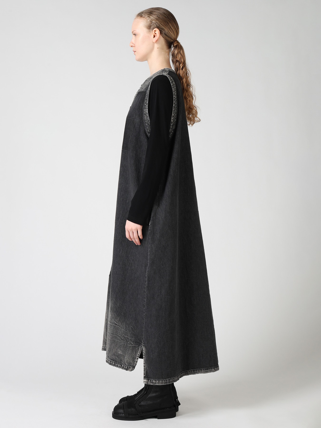 SPOTTED DENIM PATCH POCKET LONG DRESS