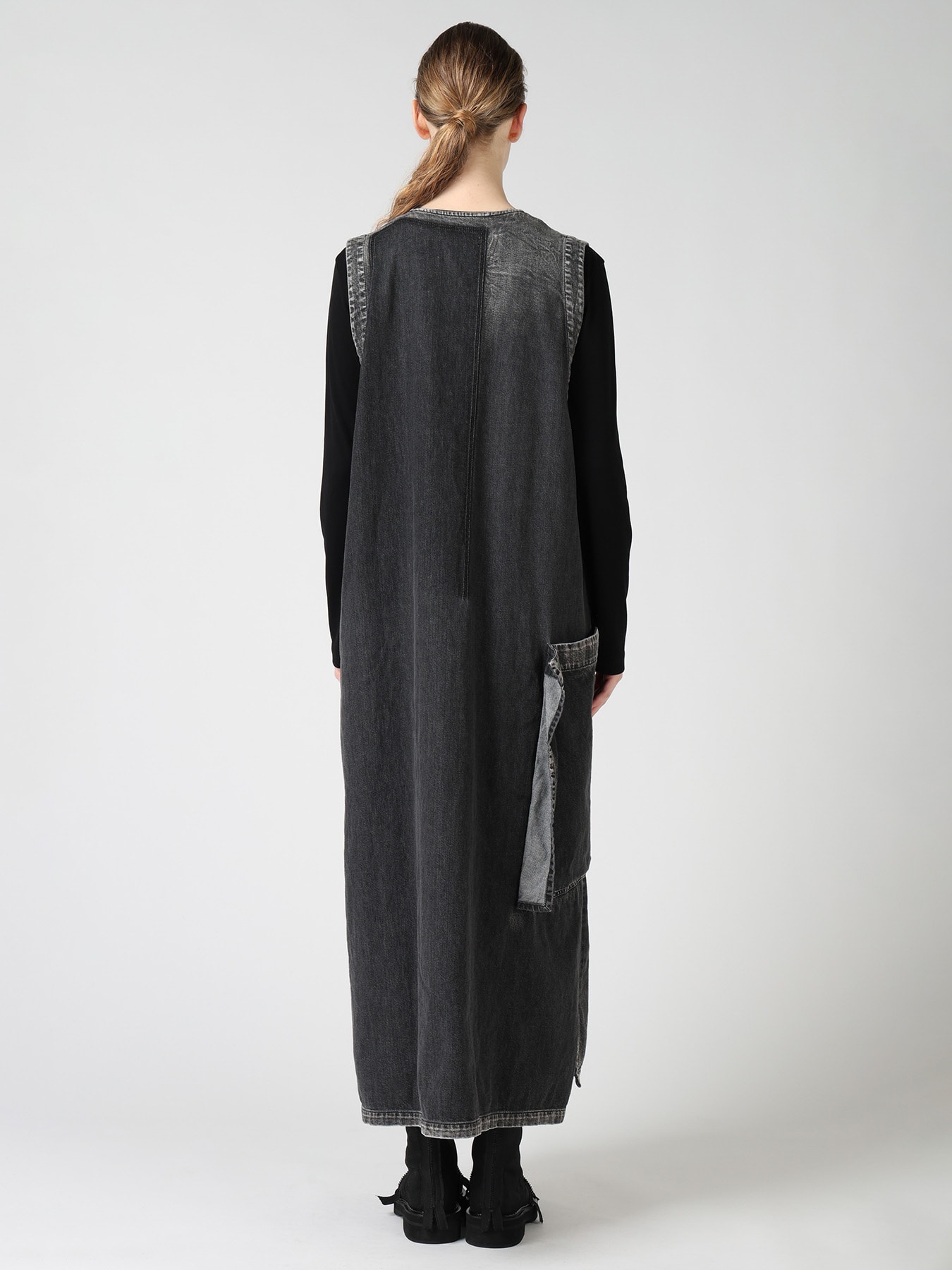 SPOTTED DENIM PATCH POCKET LONG DRESS